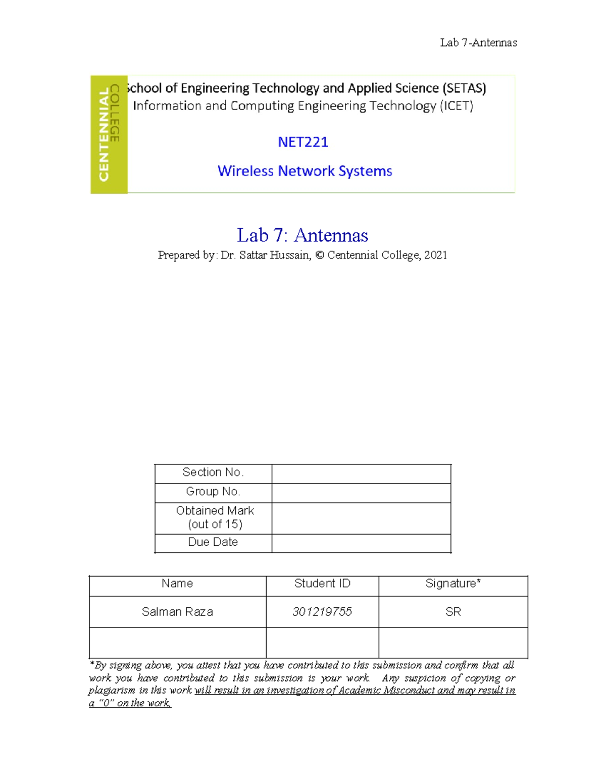 NET221 Lab 7 Antennas Part 1 - Lab 7: Antennas Prepared by: Dr. Sattar ...