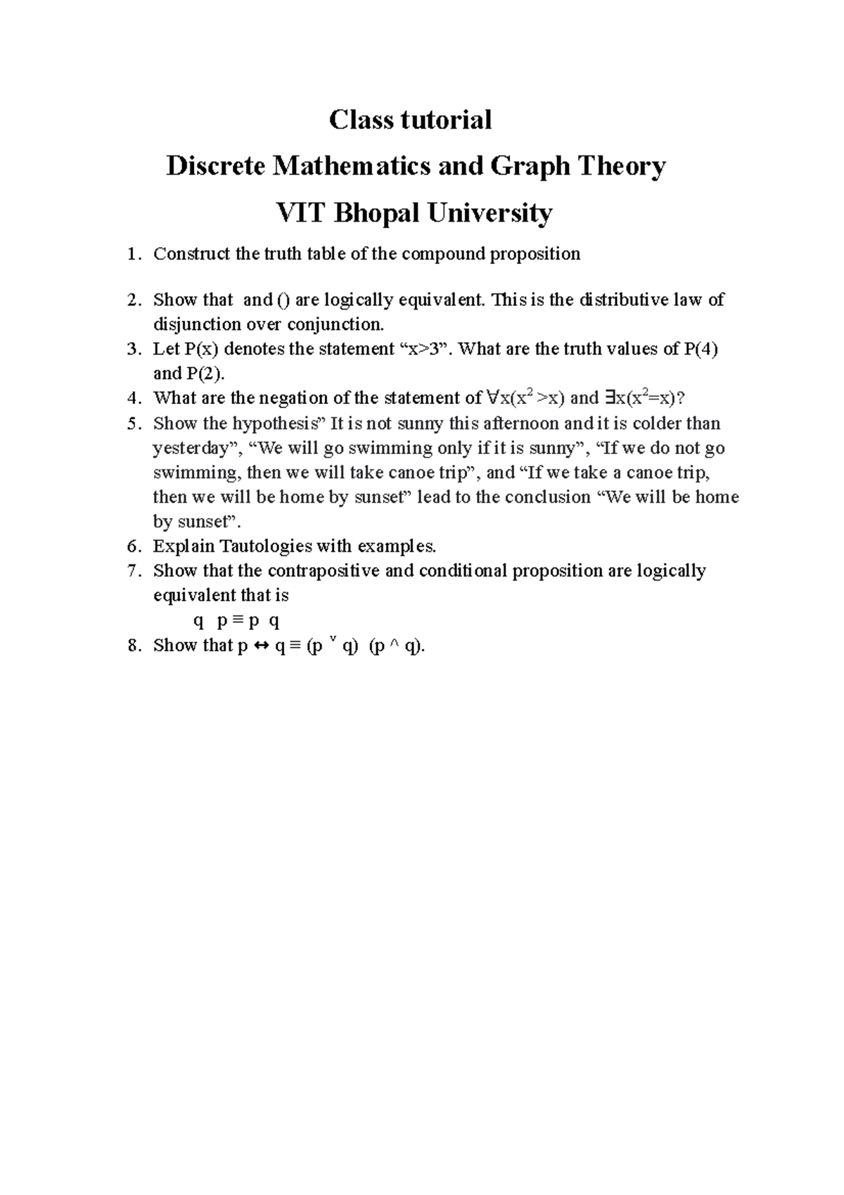 Tutorial 2 - Class tutorial Discrete Mathematics and Graph Theory VIT ...