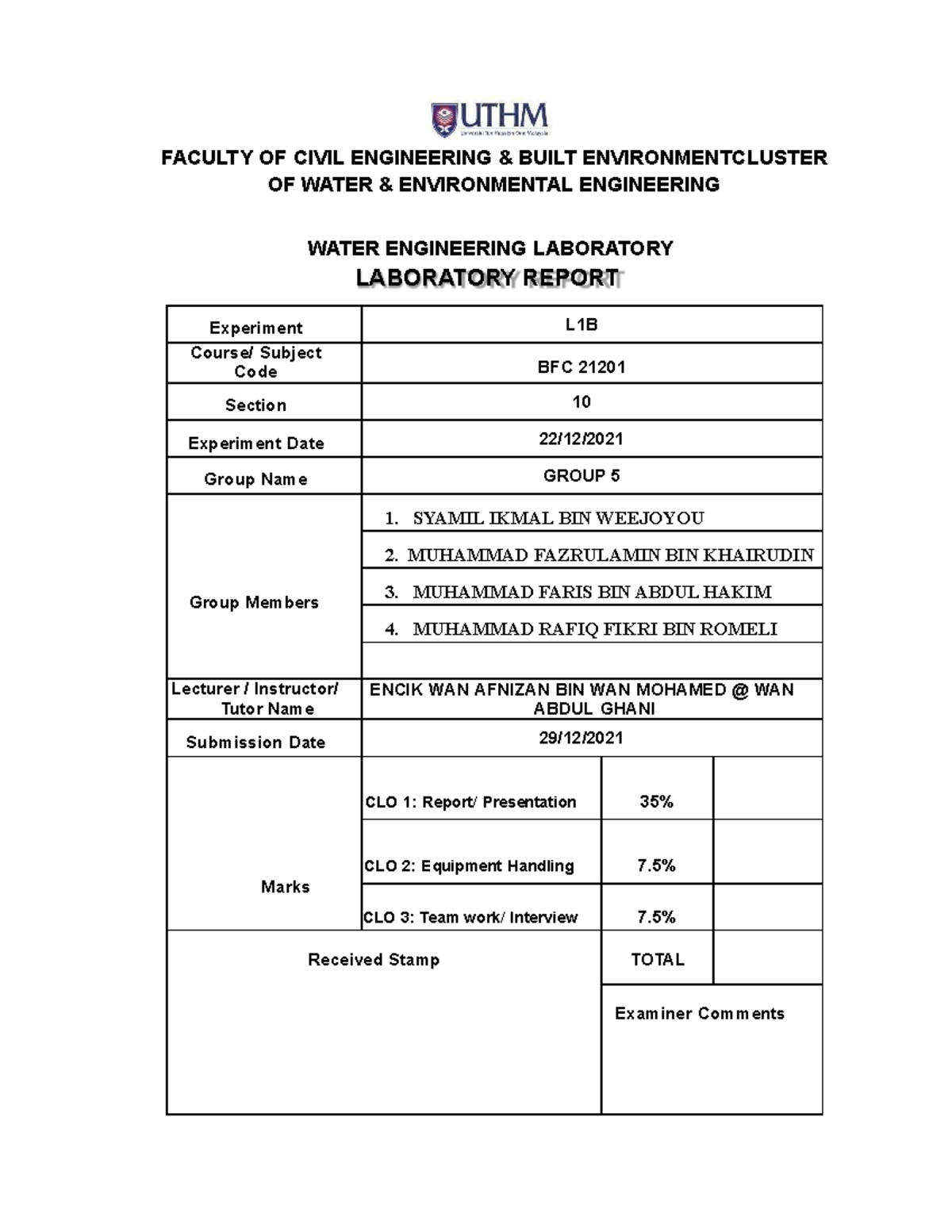 Infiltrationlabreportgroup 5 - LABORATORY REPORT FACULTY OF CIVIL ...