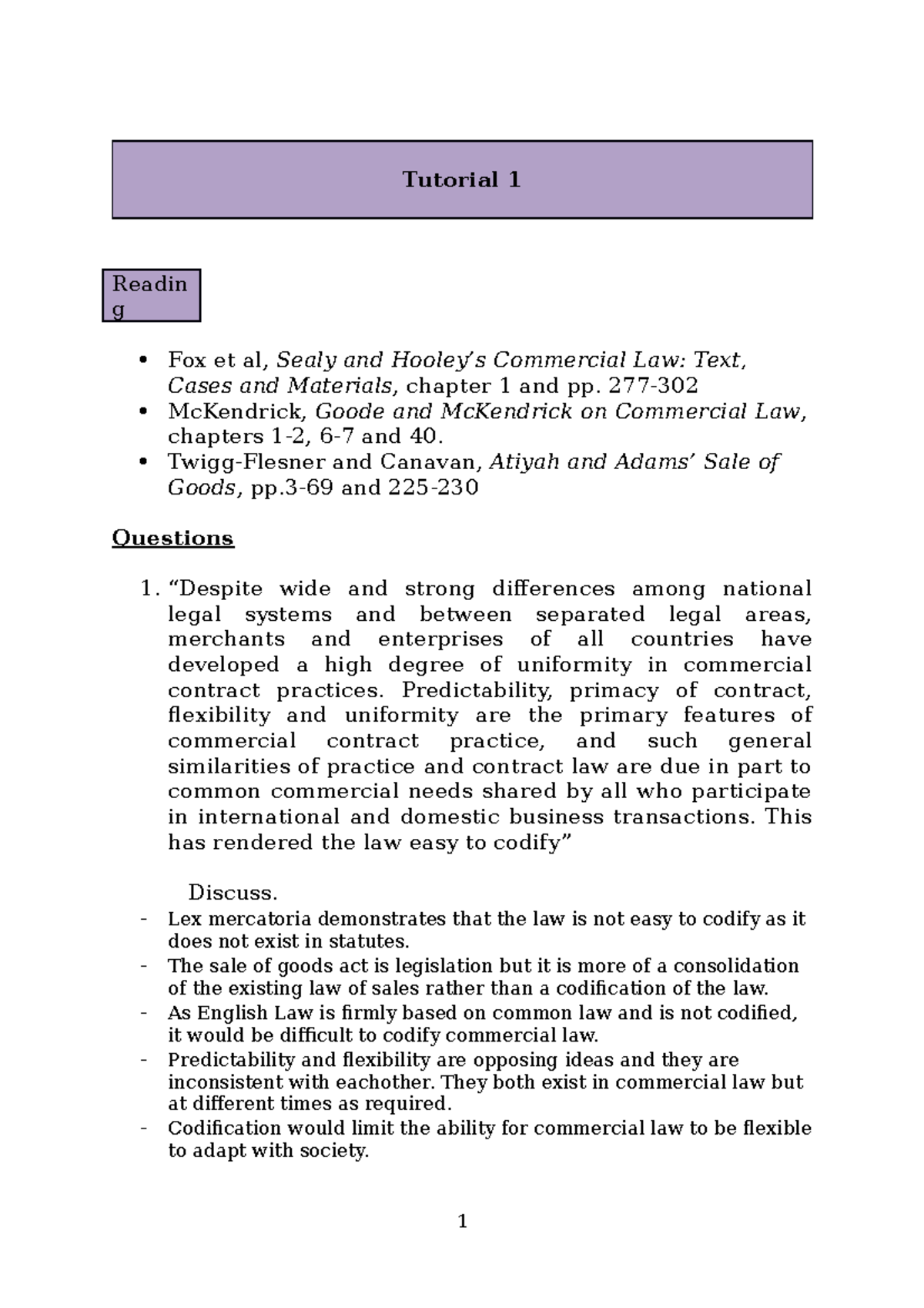 Commercial law tutorial 1 Tutorial 1 Readin g Fox et al, Sealy and