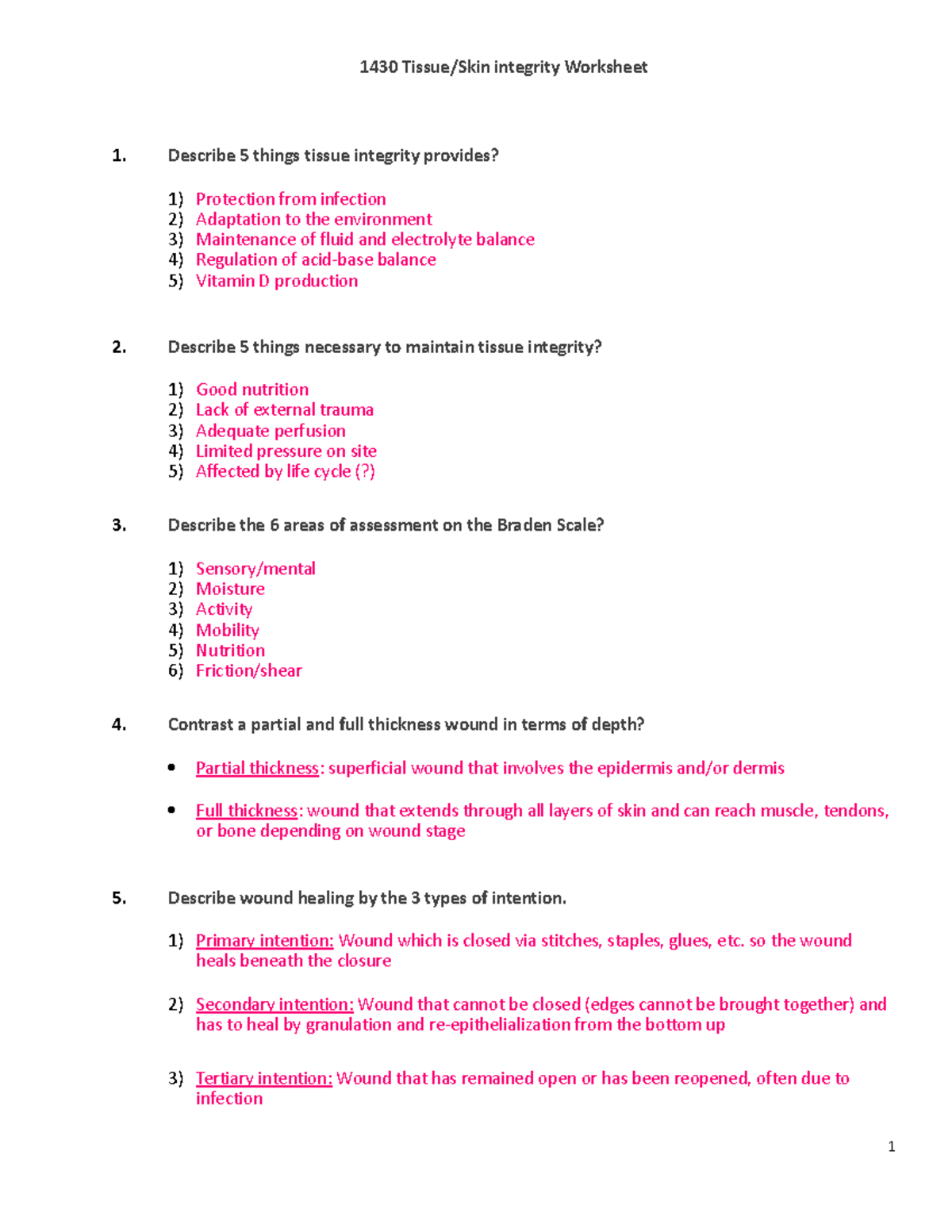 Tissue Integrity Worksheet 1430 Tissueskin Integrity Worksheet Describe 5 Things Tissue 5813