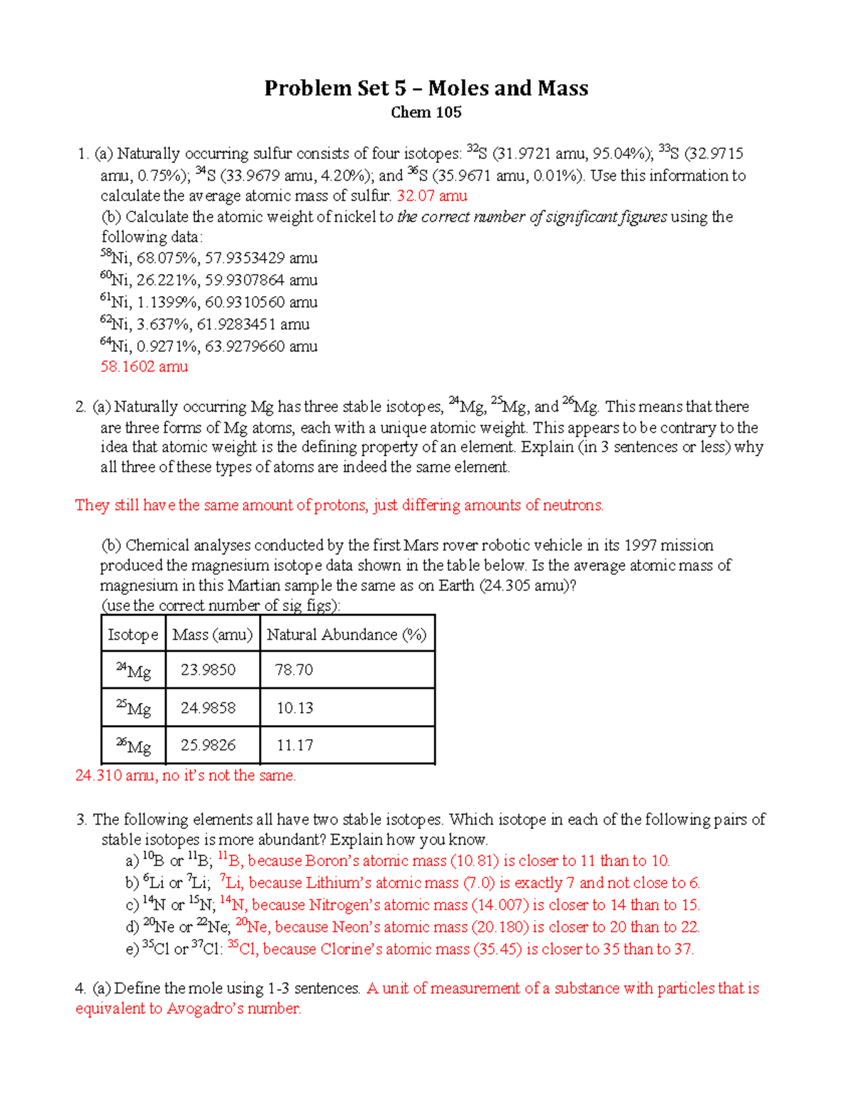 PS 5 - Moles and Mass Complete - Problem Set 5 – Moles and Mass Chem ...