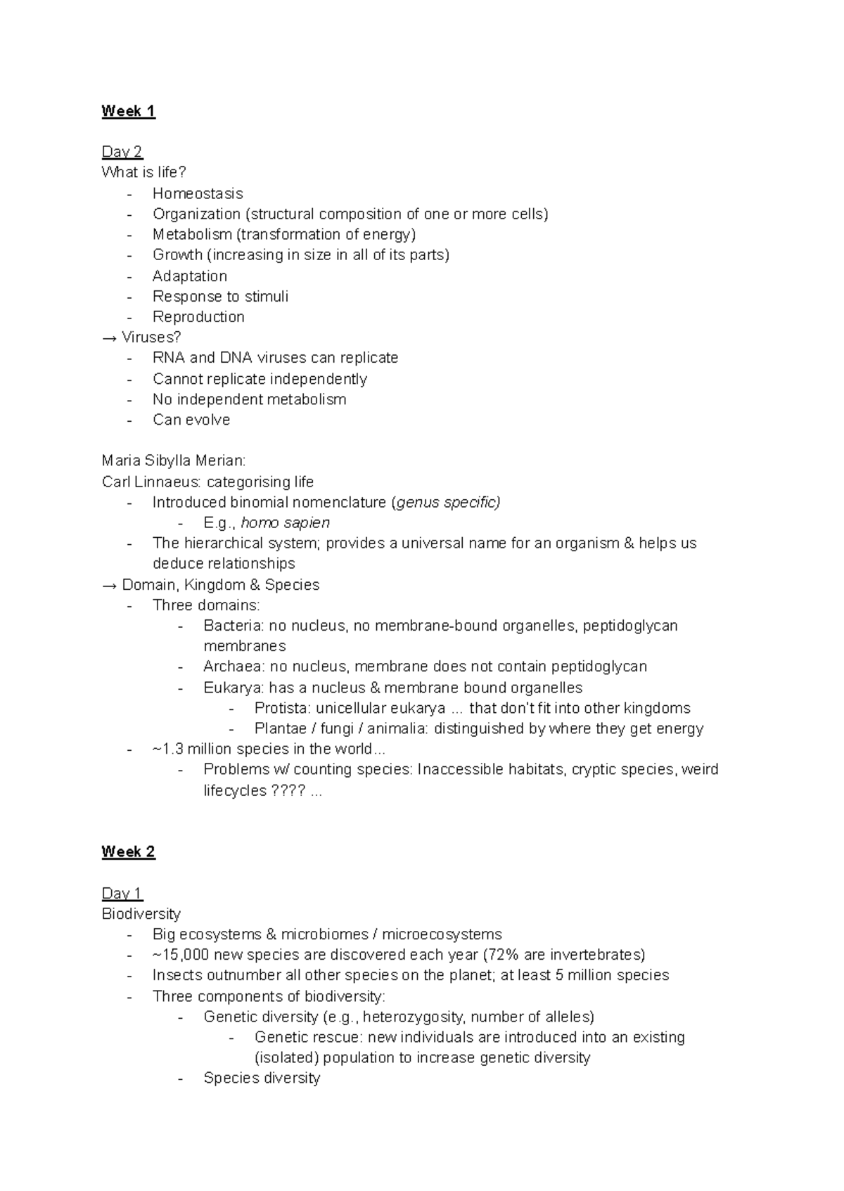 BIOL1006 - lecture notes - Week 1 Day 2 What is life? - Homeostasis ...