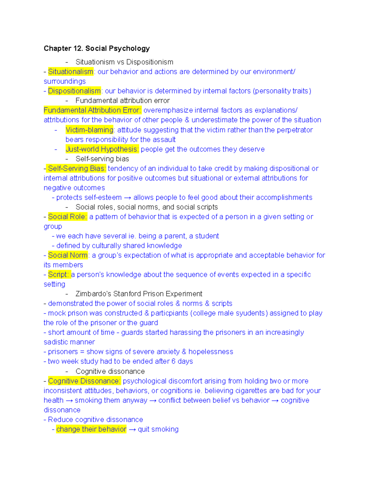 Final Exam Psychology 12 Review - Chapter 12. Social Psychology ...