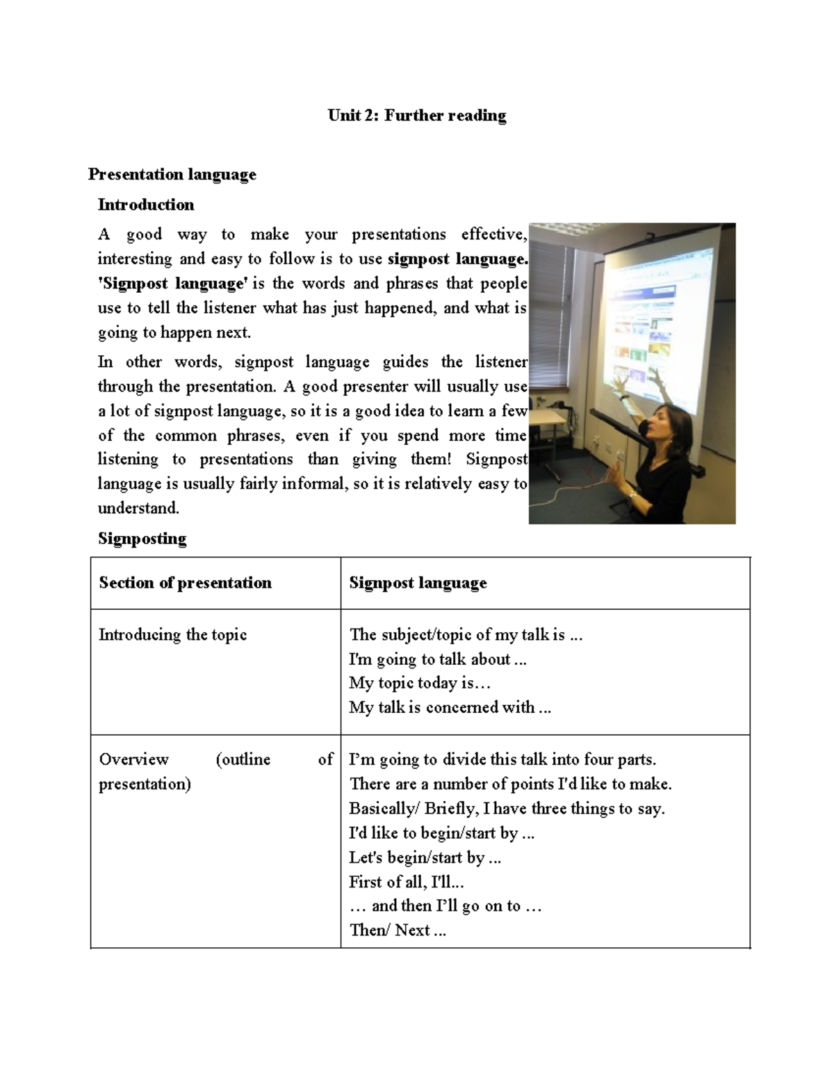 Language of Presentation Unit 2 Further reading Presentation