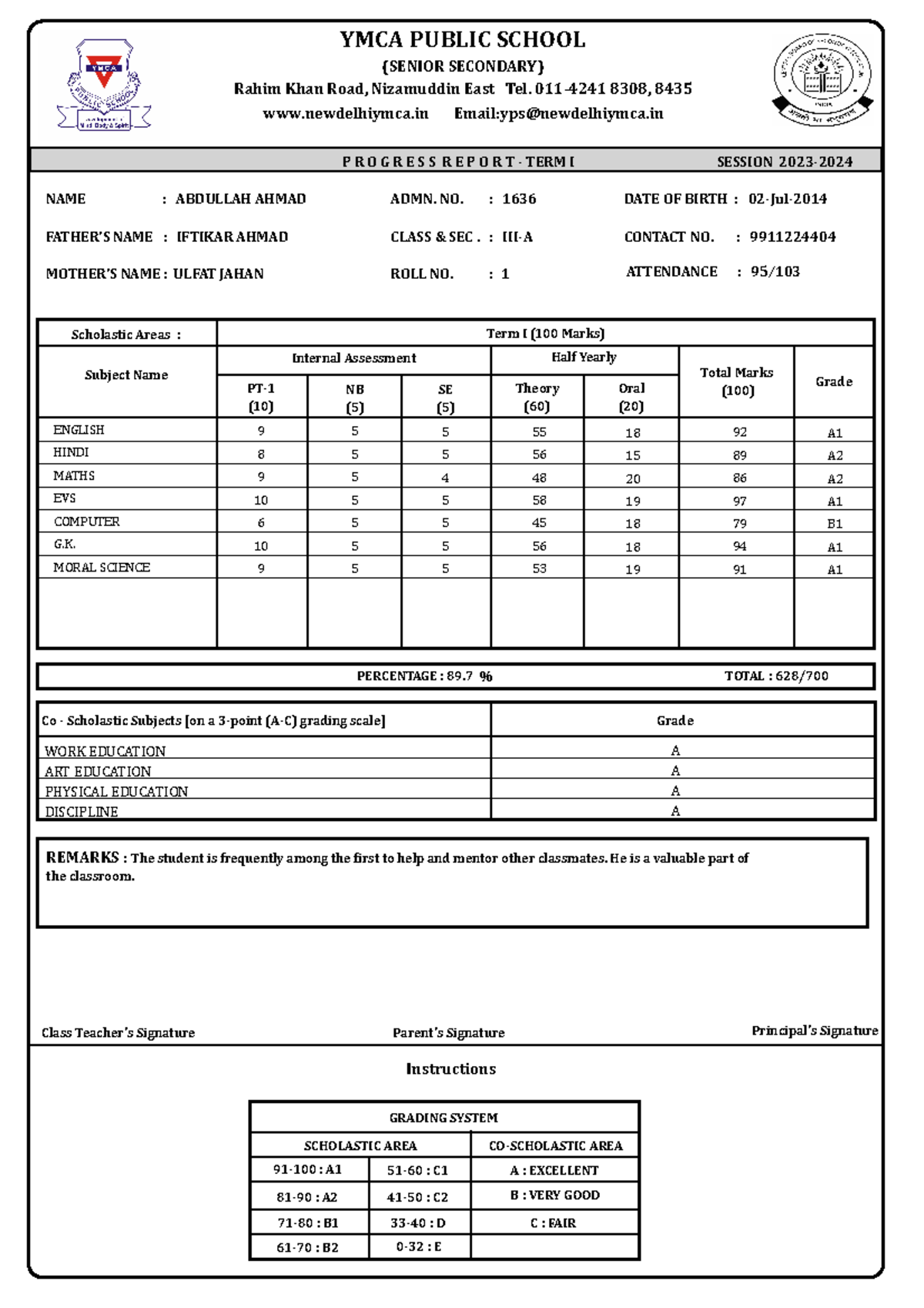 3A Report Card Term1 - (SENIOR SECONDARY) Rahim Khan Road, Nizamuddin ...