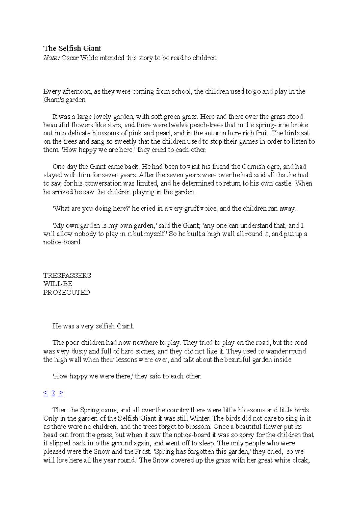 The Selfish Giant - Test 1 Reading Comprehension - The Selfish Giant ...