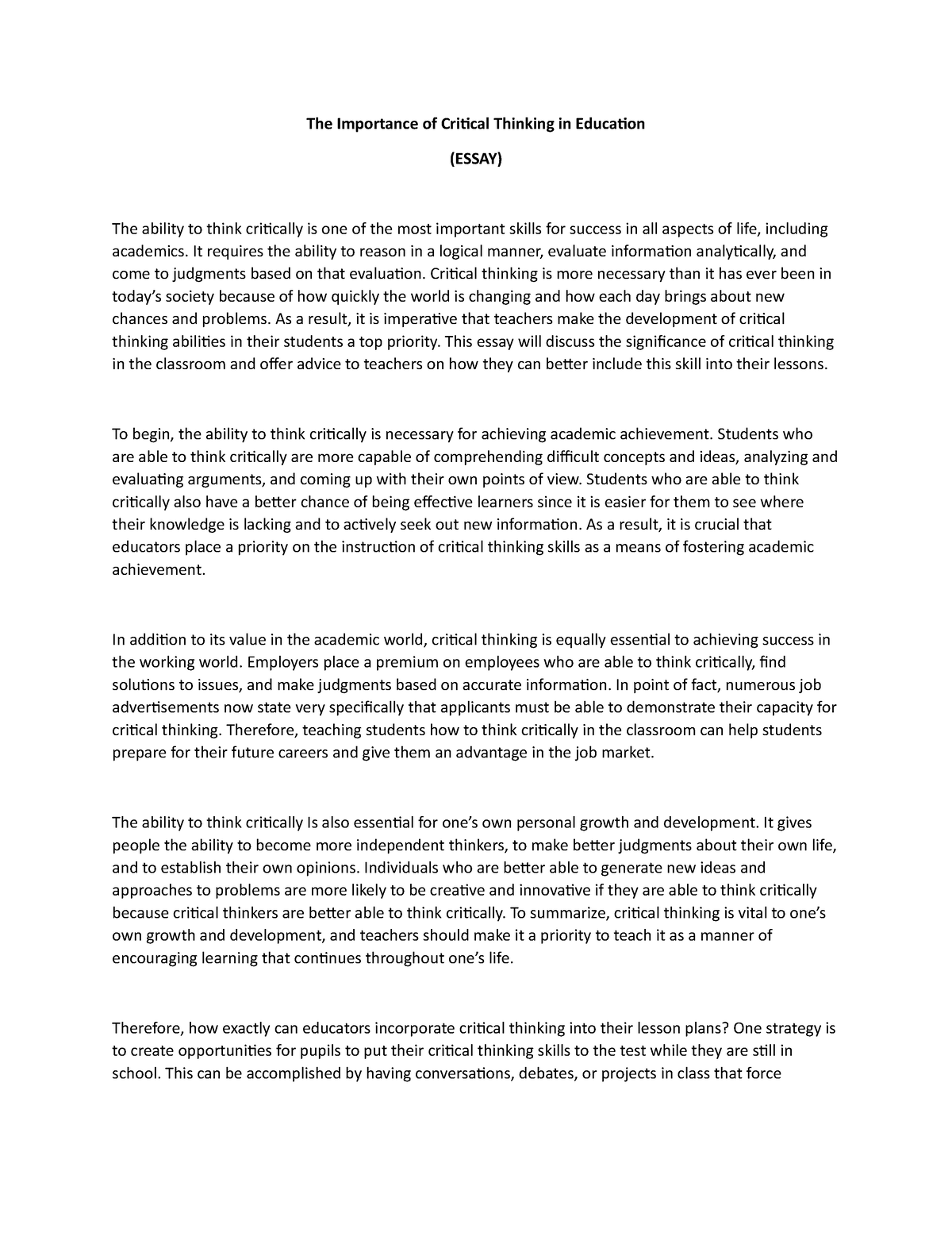 essay about critical thinking skill