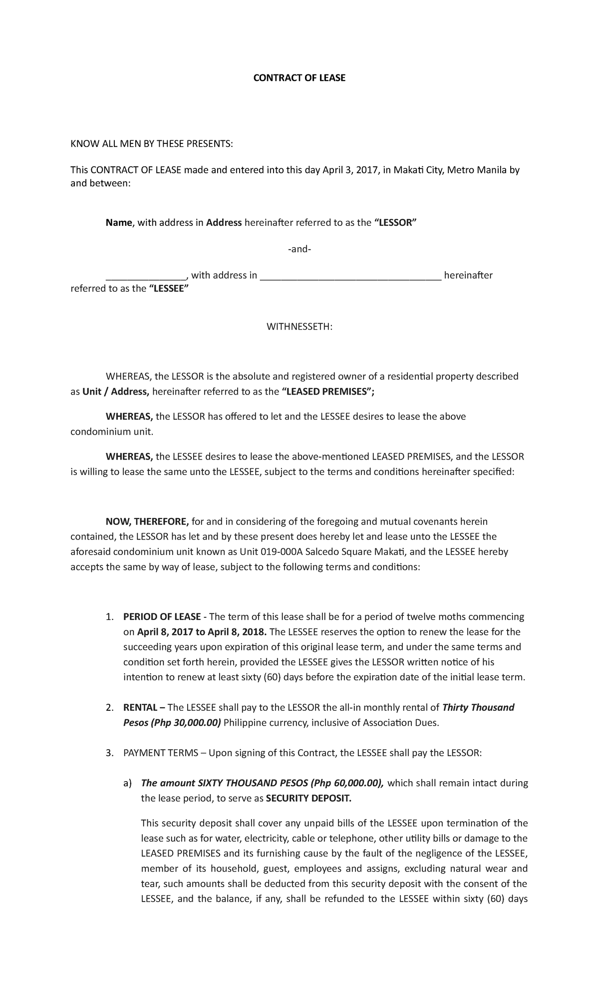 Sample Contract OF Lease - CONTRACT OF LEASE KNOW ALL MEN BY THESE ...