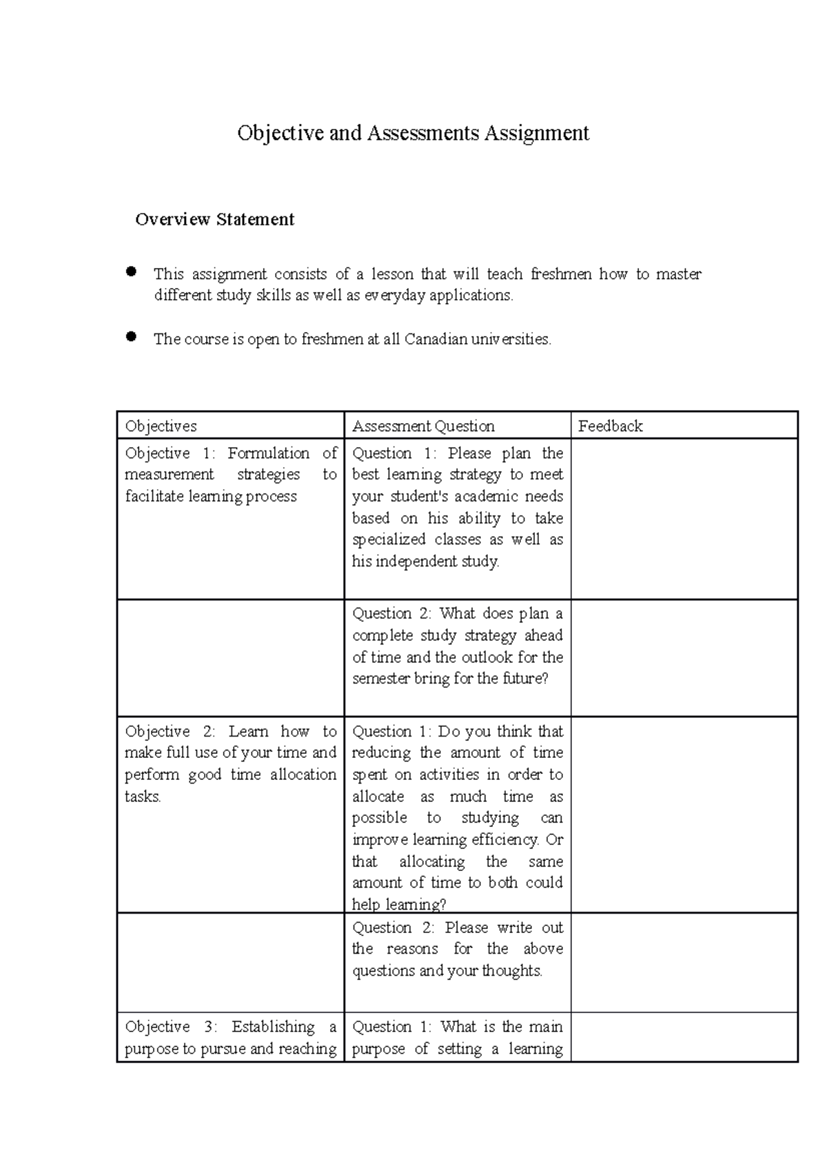 Objective and Assessments Assignment - Objective and Assessments ...