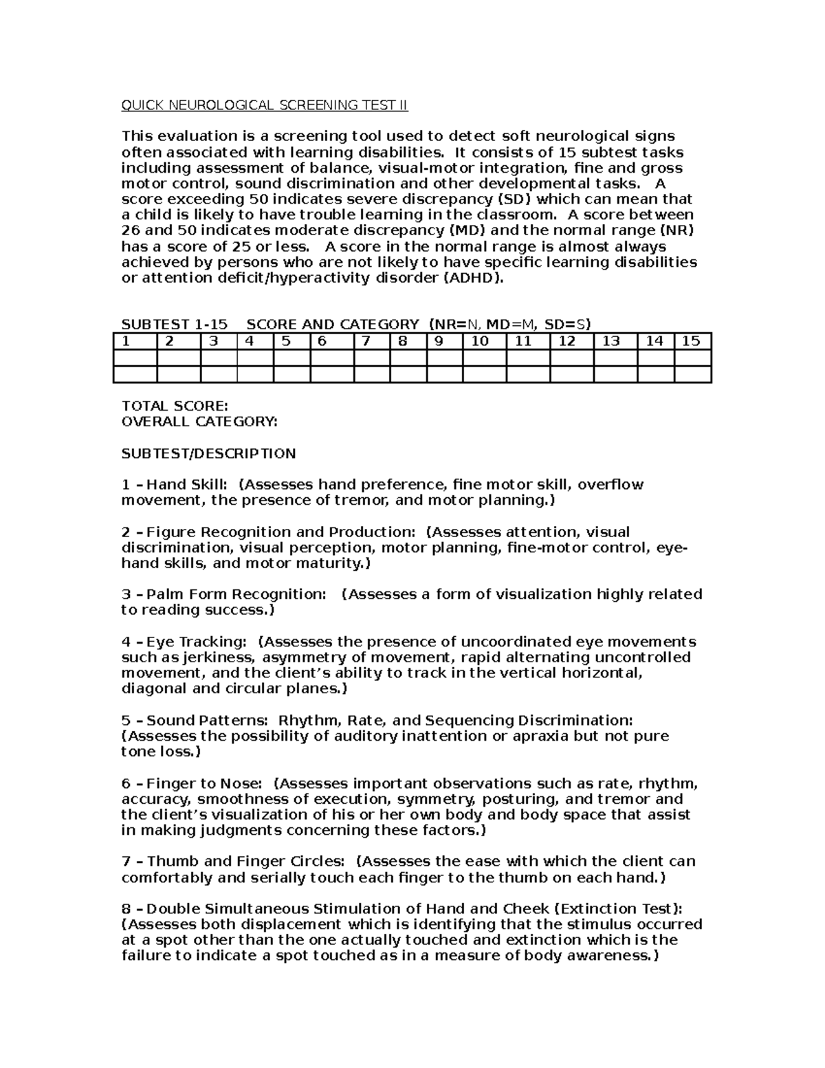 Quick Neurological Screening Test II Evaluation Template - QUICK ...