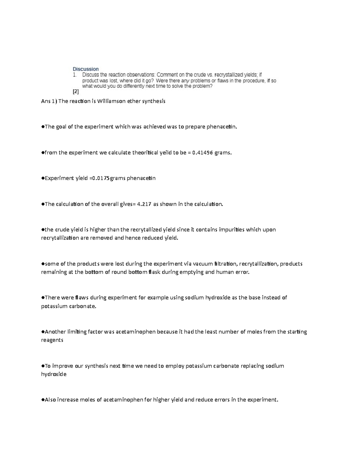 Lab 4 Chemistry Reaction by Williamson ether synthesis Ans 1) The