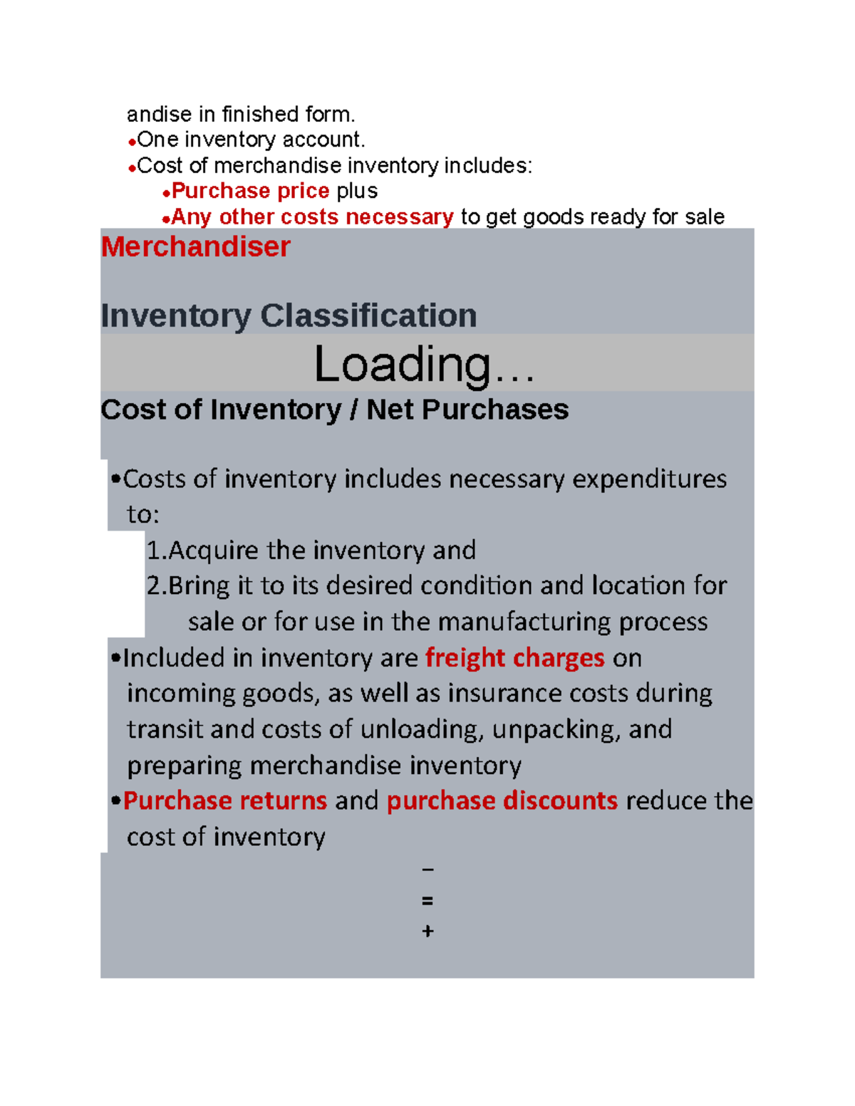 Chapter 8 andise in finished form. One inventory account. Cost of