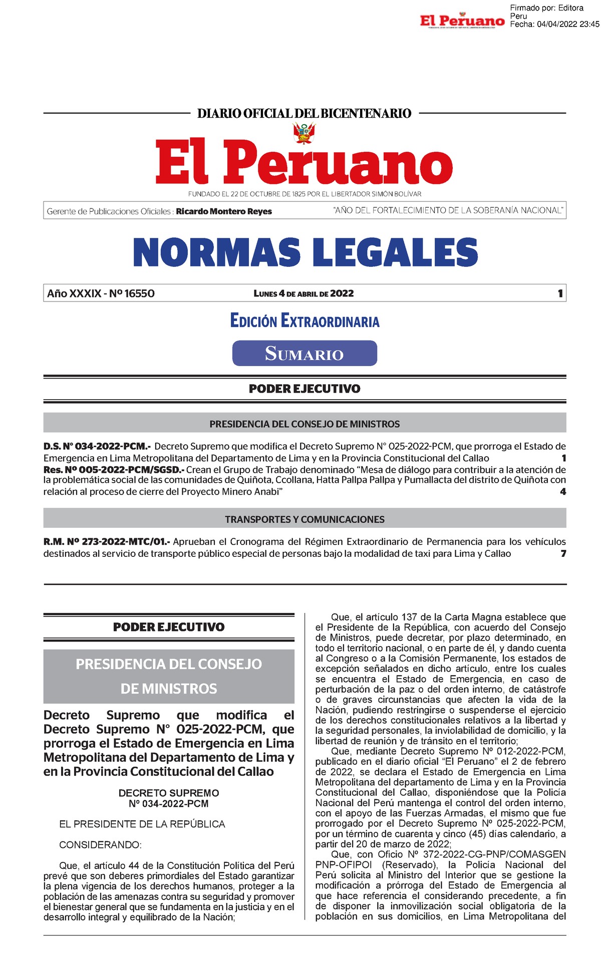 Decreto Supremo Que Modifica El Decreto Supremo N 025 2022 Decreto ...