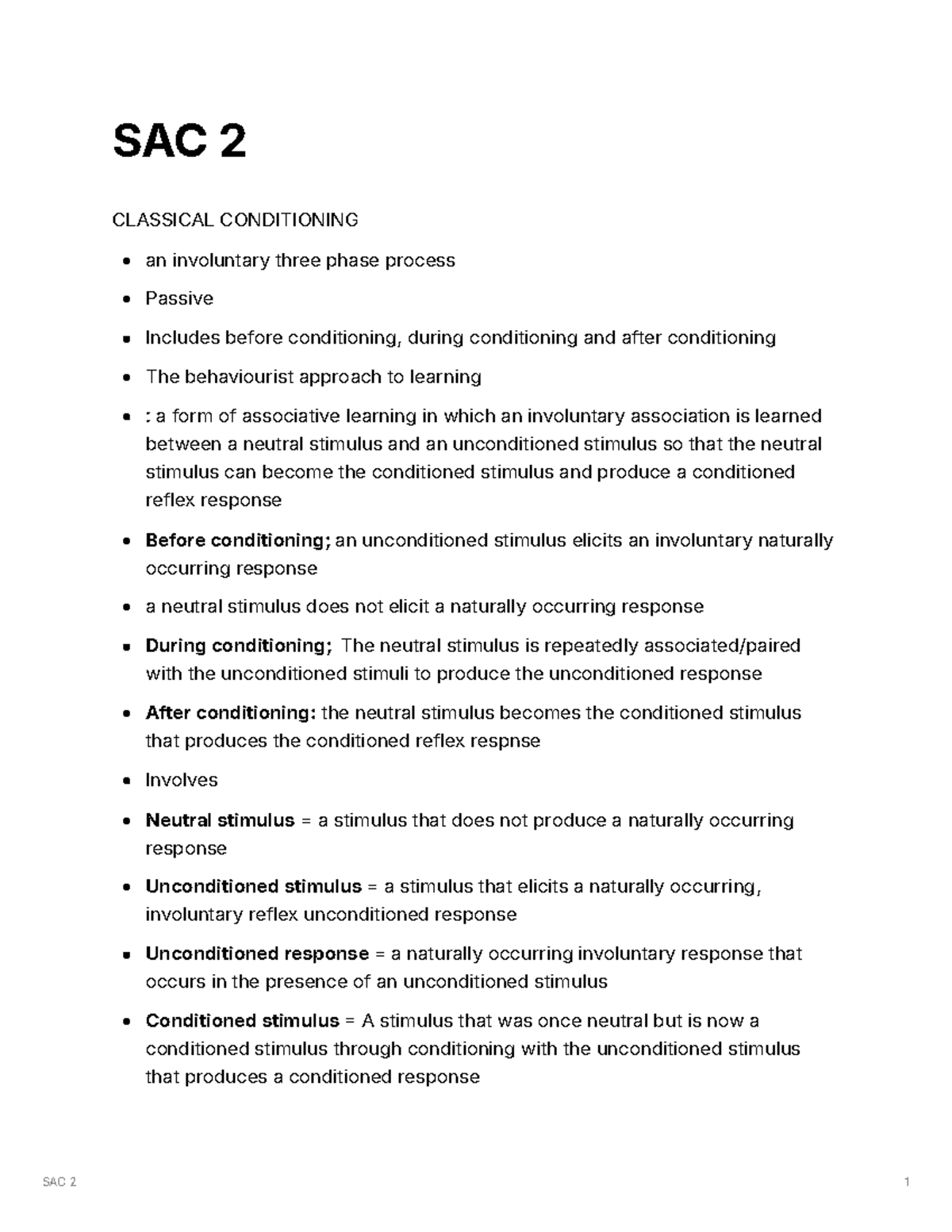 SAC 2 PSYCH ssss - SAC 2 CLASSICAL CONDITIONING an involuntary three ...