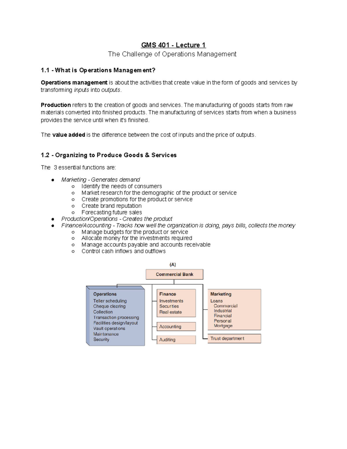GMS 401 - Lecture 1 - GMS 401 - Lecture 1 The Challenge of Operations ...