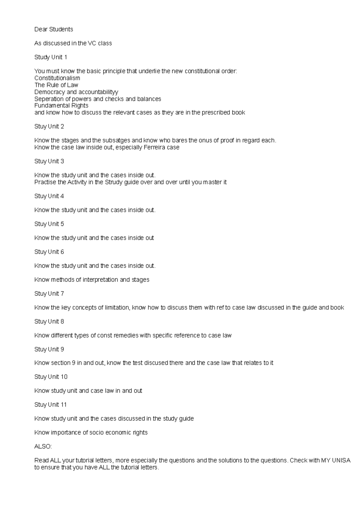 FUR2601-discussion notes-1 - Dear Students As discussed in the VC class ...
