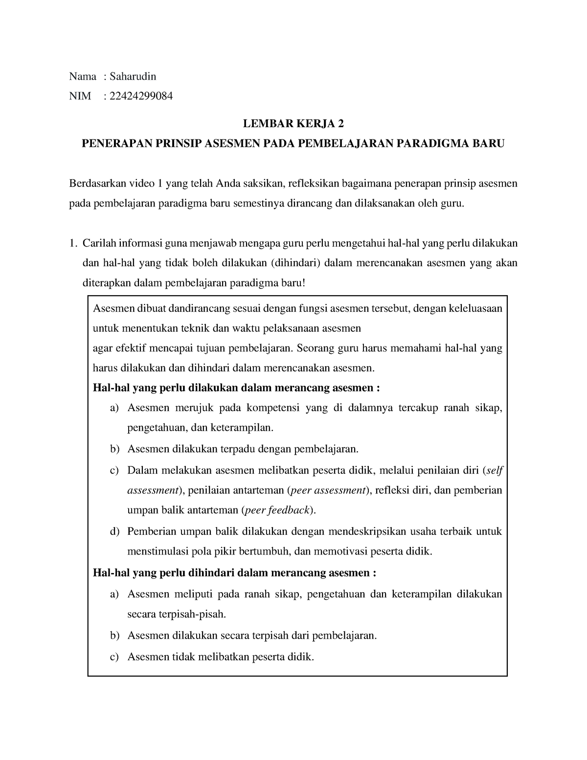 Lembar Kerja 2 Penerapan Prinsip Asesmen PADA Pembelajaran Paradigma ...