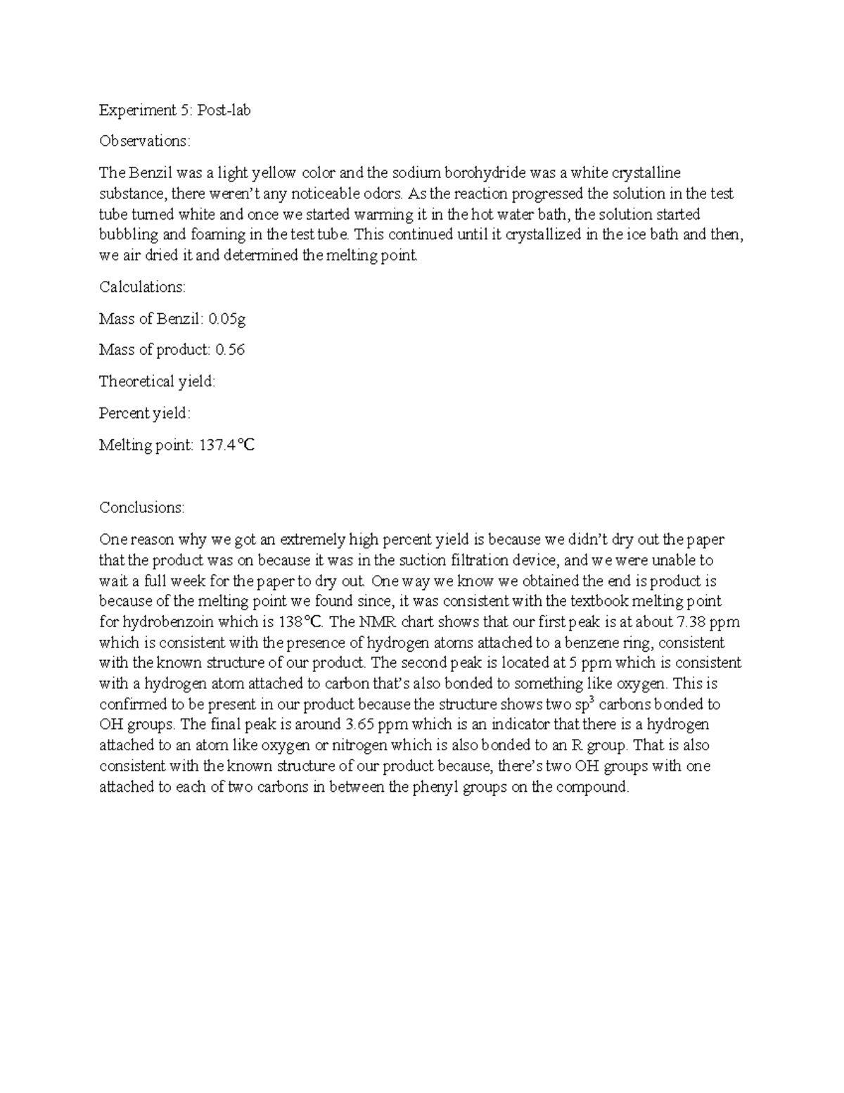 Experiment 5 Post Lab Post Lab Experiment 5 Post Lab Observations The Benzil Was A Light 0584
