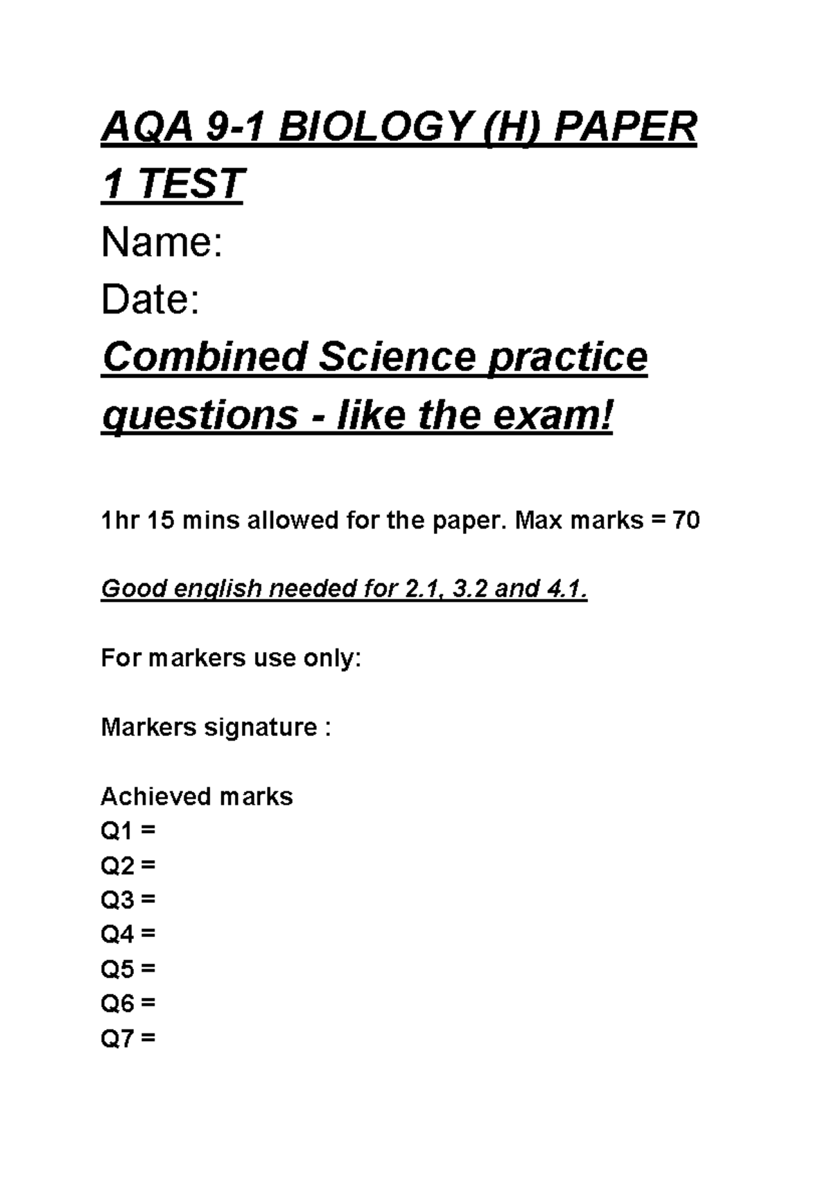 AQA 9-1 Biology (H) Paper 1 TEST - AQA 9-1 BIOLOGY (H) PAPER 1 TEST ...