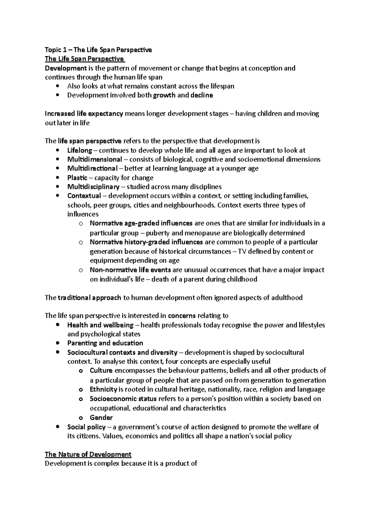 Developmental Psychology Notes (Topics 1-11) - Topic 1 The Life Span ...