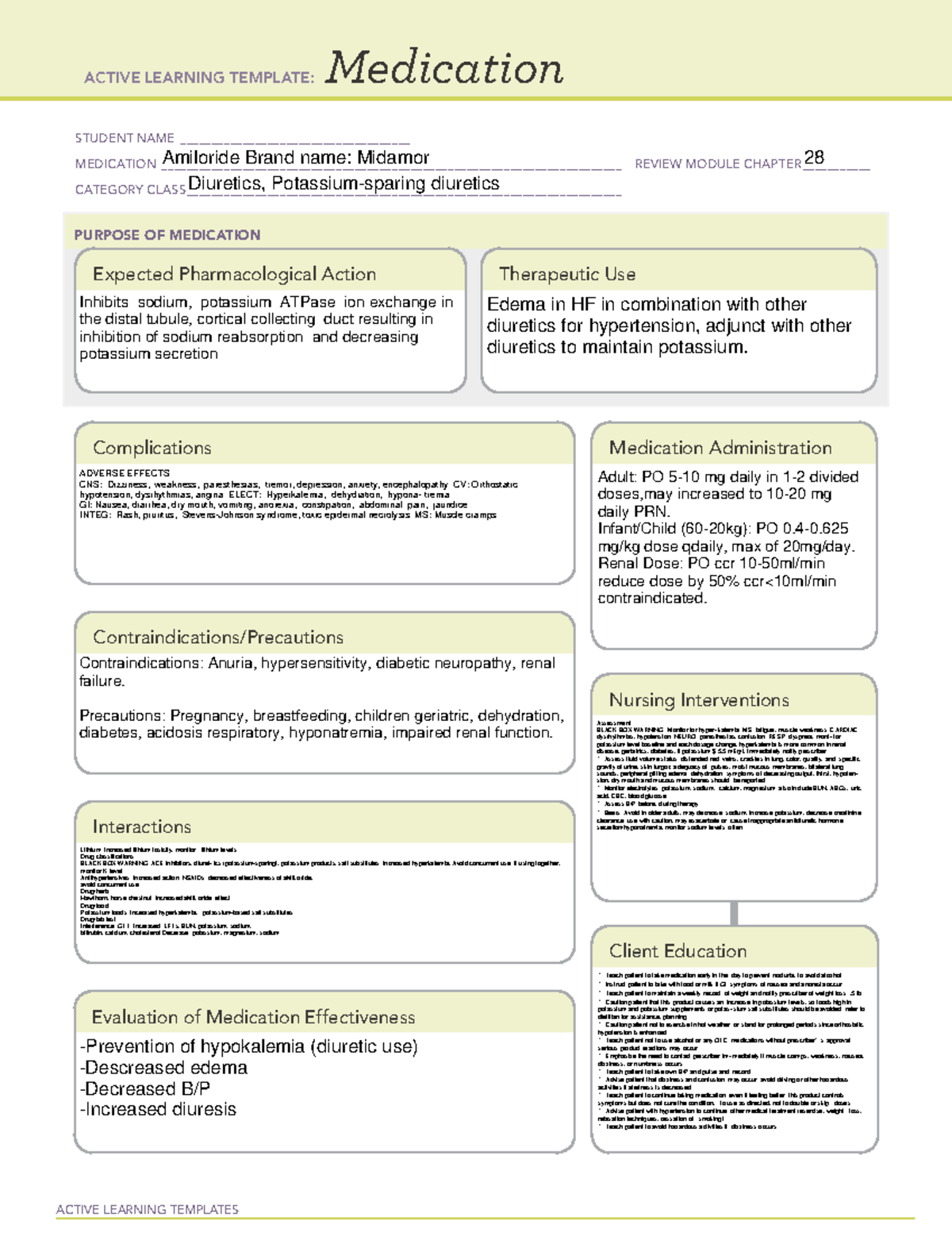 Amiloride - drugs - ACTIVE LEARNING TEMPLATES Medication STUDENT NAME ...