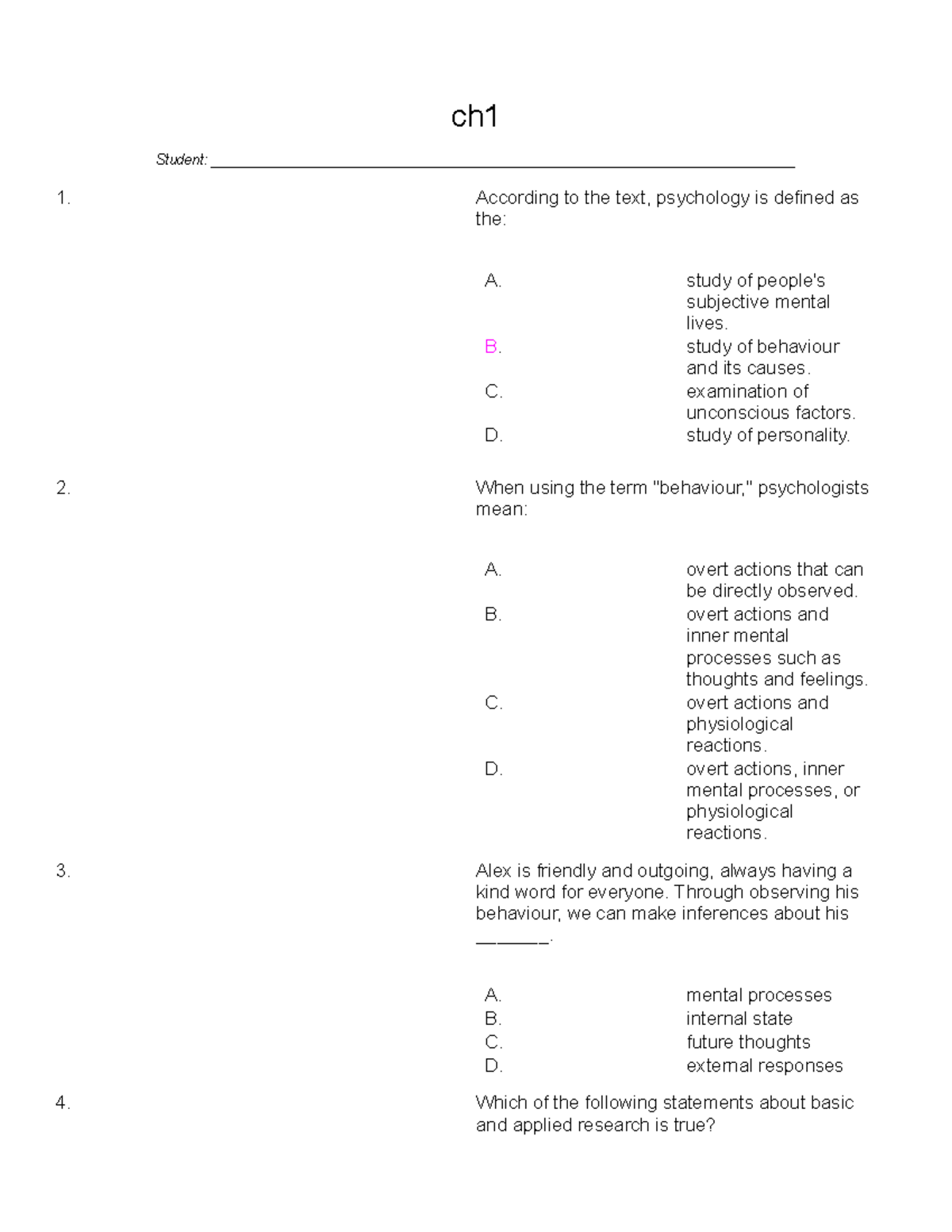 Psych ch1 test bank - chapter 1 test bank - ch _Student: - Studocu