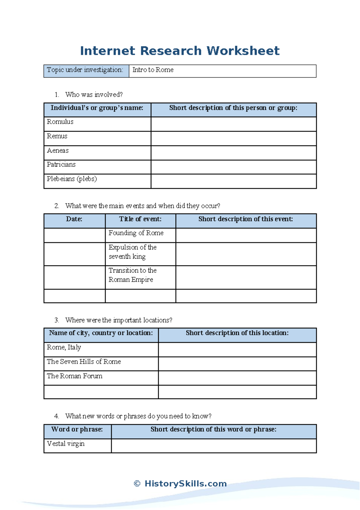 Intro to Rome Research Questions - Internet Research Worksheet Topic ...