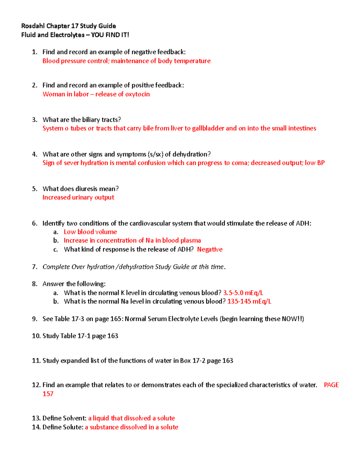 Chapter 17 Study Guide KEY - Rosdahl Chapter 17 Study Guide Fluid and ...