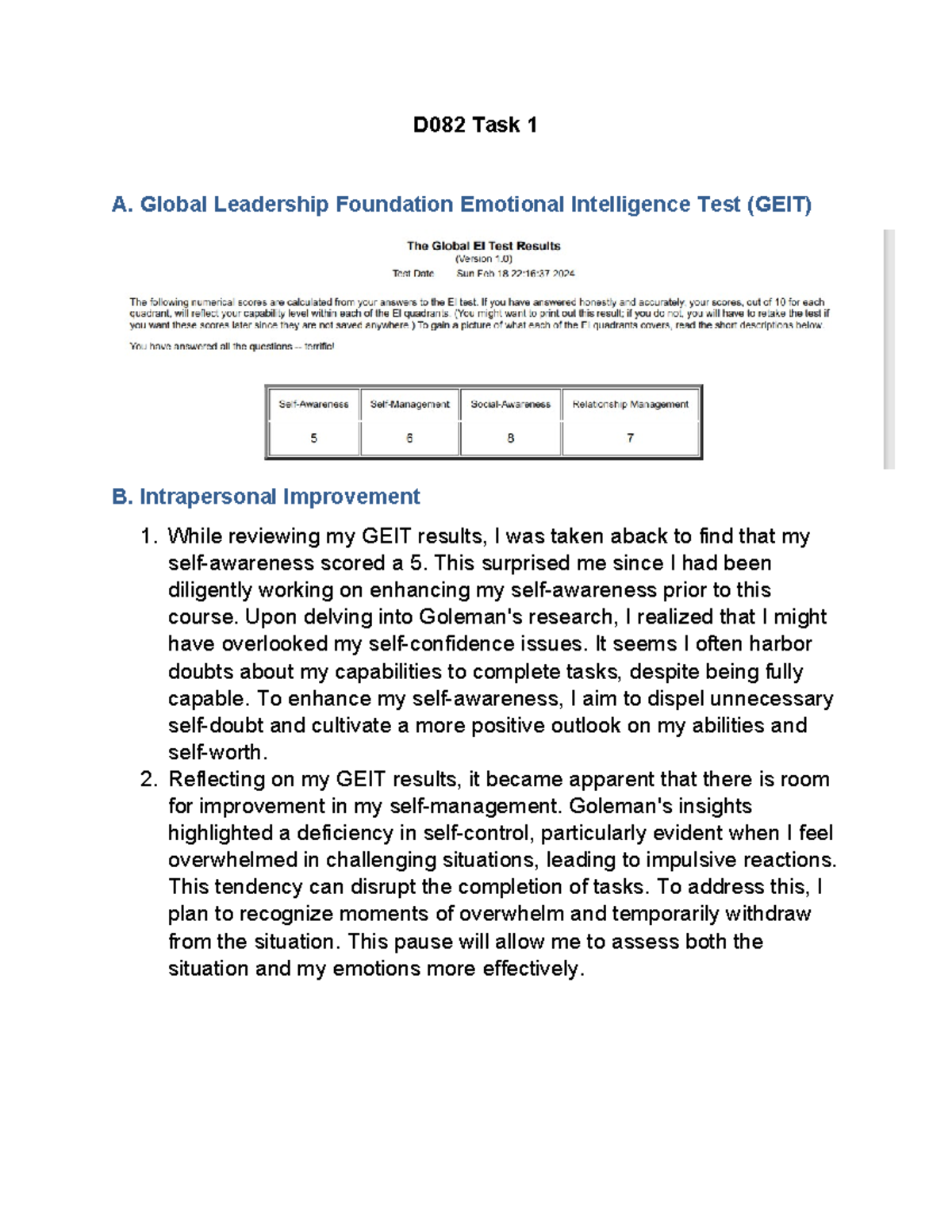 D082 Task 1 - Emotional And Cultural Intelligence - Task 1 - D082 Task ...