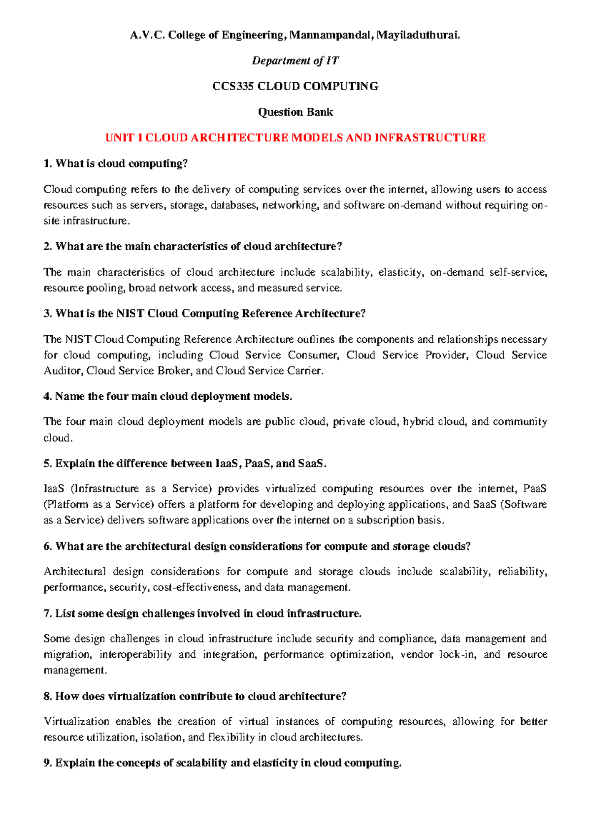 Cloud computing question bank for uf a v college of engineering