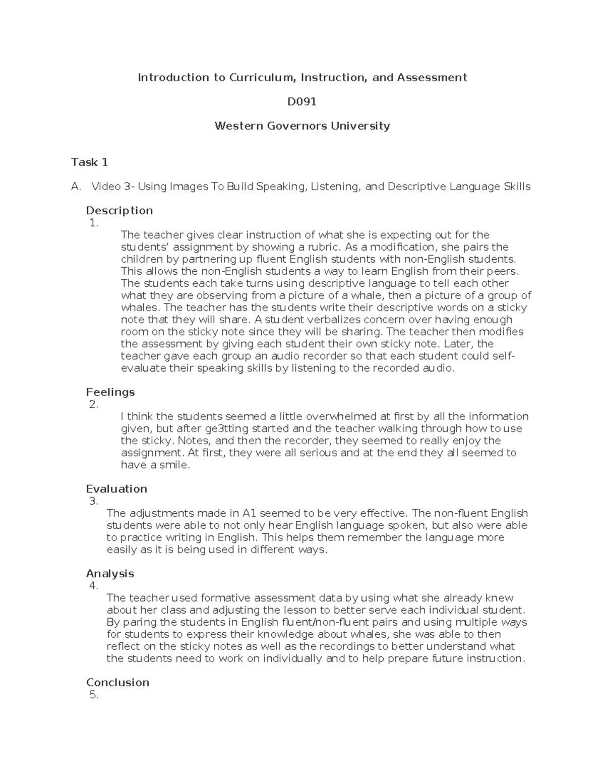 D091 Task 1 - Intro. to Curriculum, Inst., and Assessment ...
