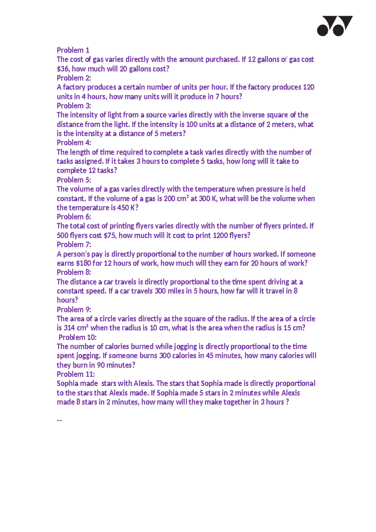 Math-parateach - Problem 1 The cost of gas varies directly with the ...