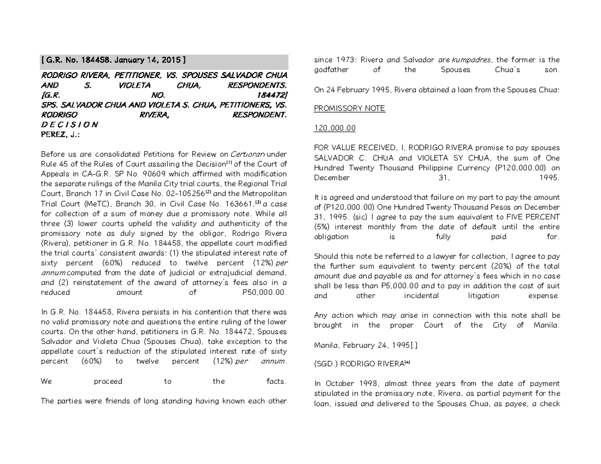 E. Rivera vs. Spouses Chua, G.R. No. 184458 - Engineering Data Analysis ...