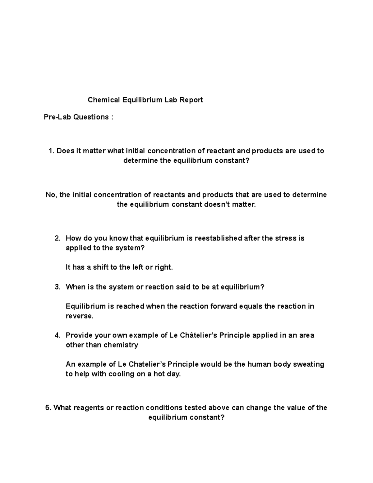 Chemical Equilibrium Lab Report Chemical Equilibrium Lab Report Pre