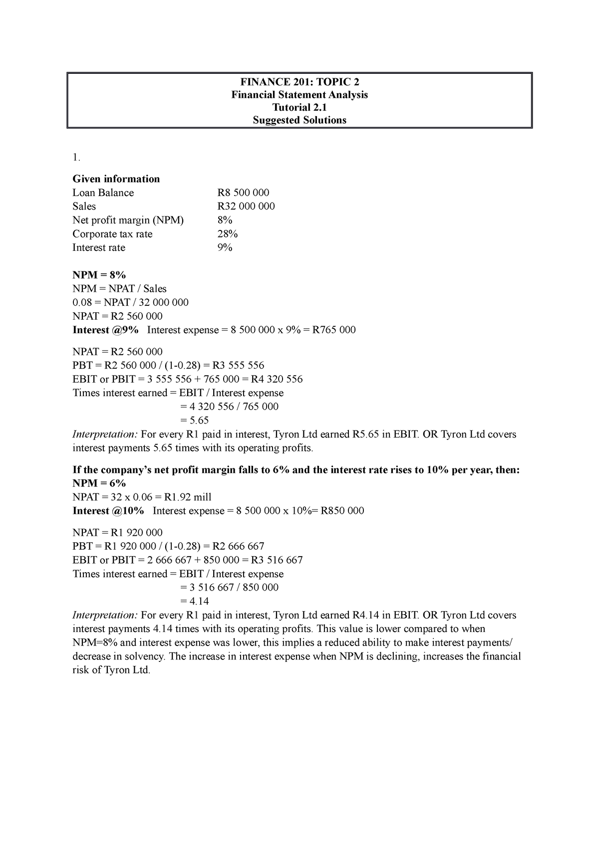 Tutorial 2 1 Solutions Financial Statement Analysis FINANCE 201   Thumb 1200 1698 