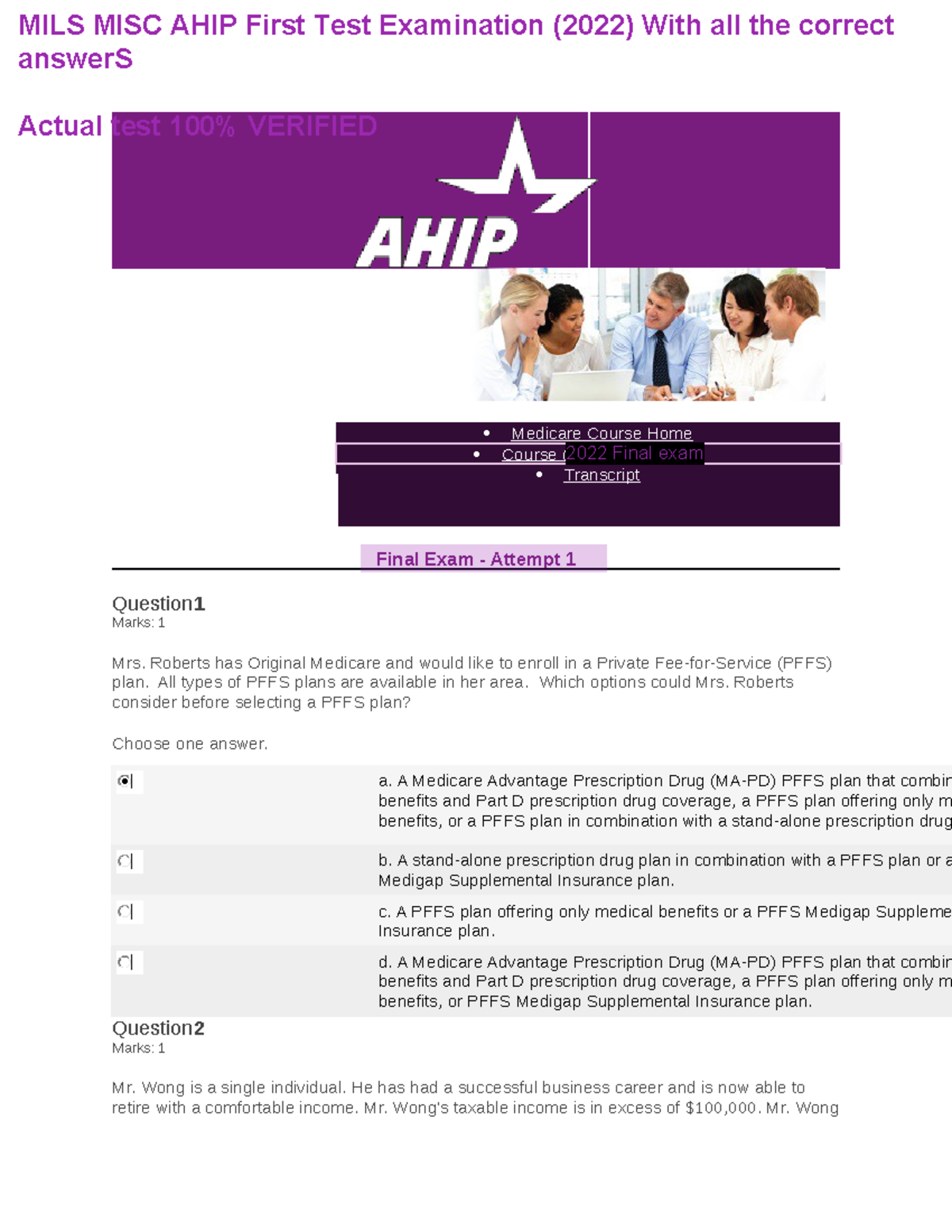 AHIP first test.docx (1) (1) Medicare Course Home Course (2020 Final