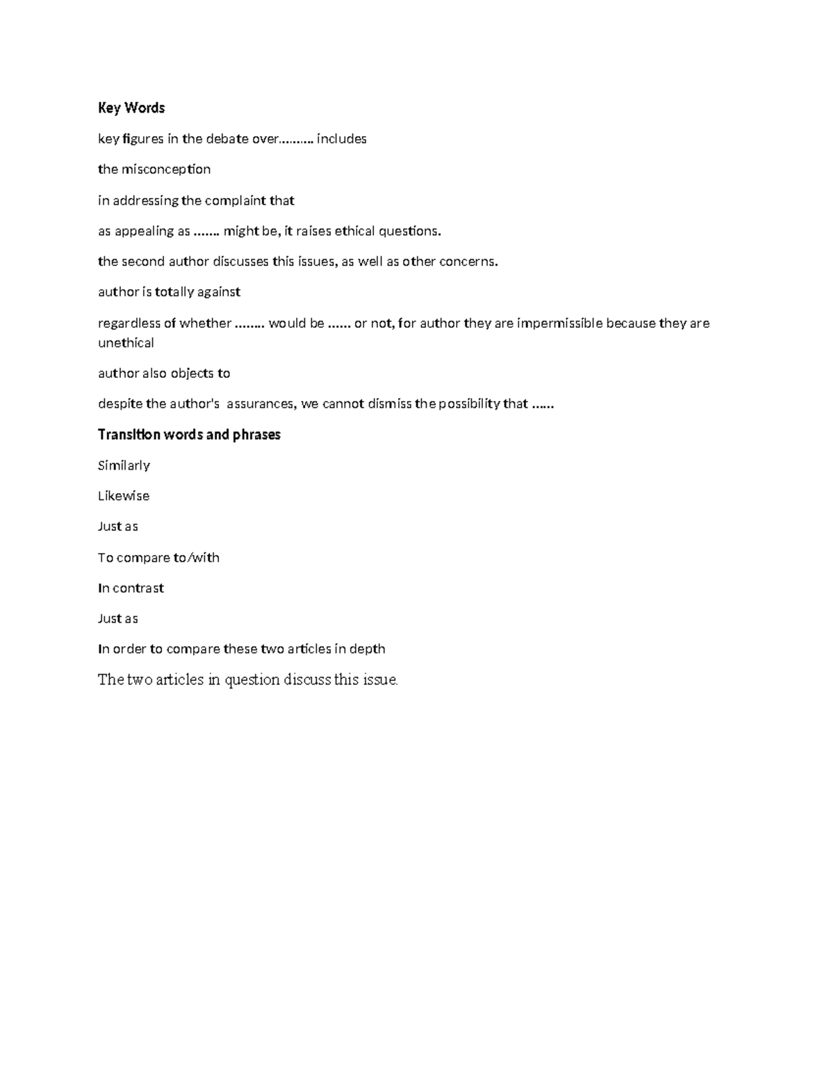 Key Words - Key Words key figures in the debate over.......... includes ...