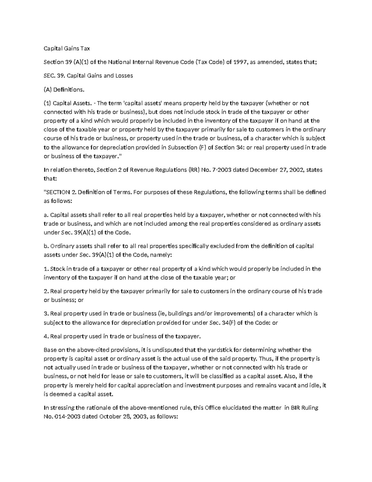 Case - Capital Gains Tax Section 39 (A)(1) of the National Internal ...