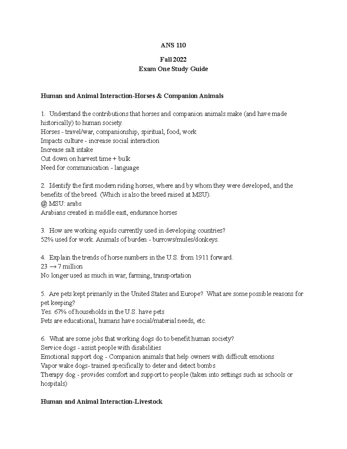 ANS 110 Exam 1 Study Guide - ANS 110 Fall 2022 Exam One Study Guide ...