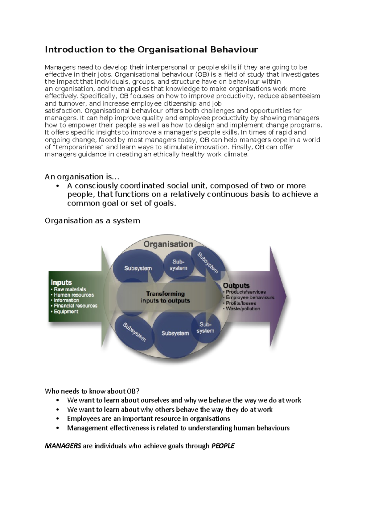 OBAW 1 - Lecture notes 1 - Introduction to the Organisational Behaviour ...