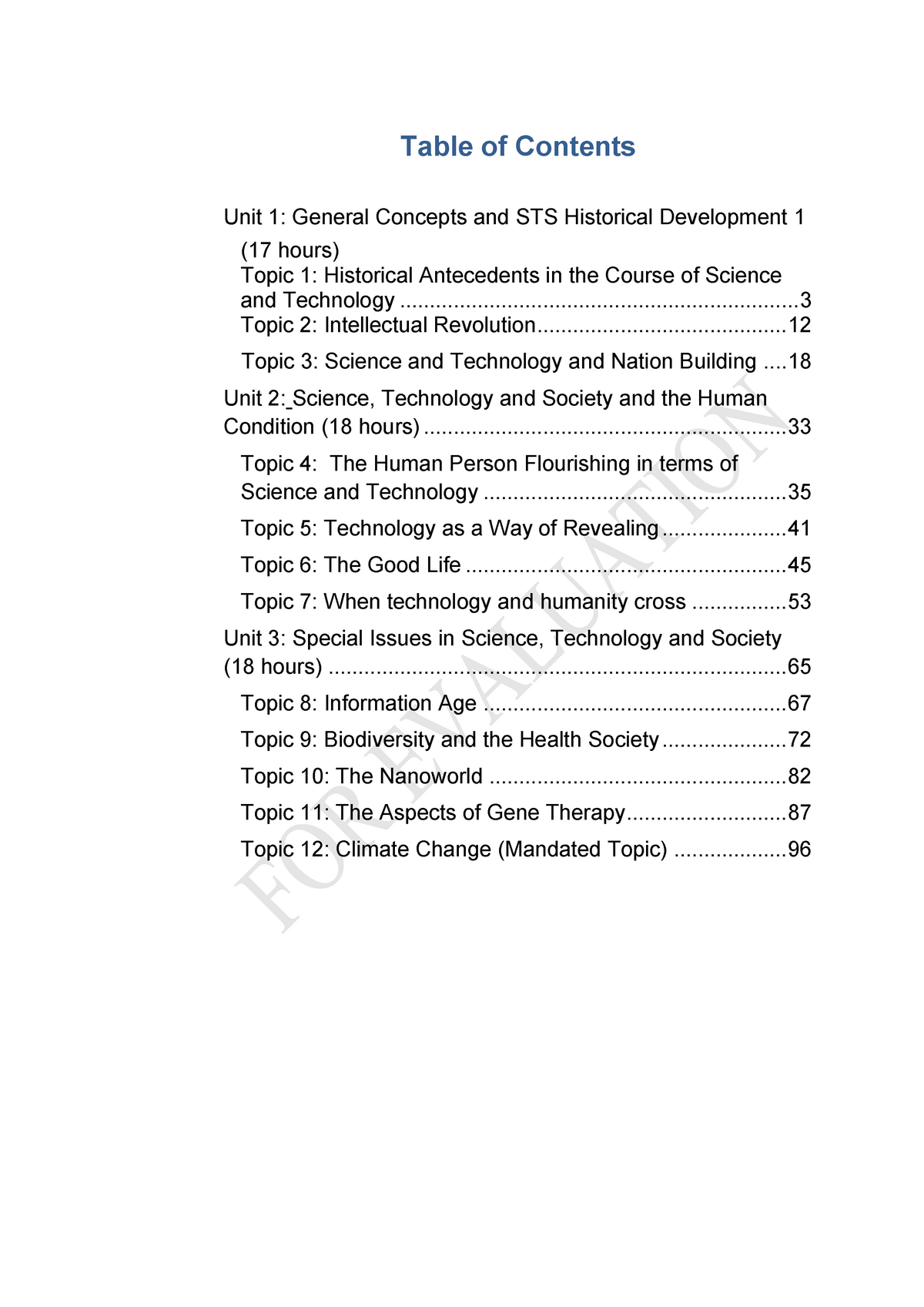 Science Technology And Society Module   Table Of Contents Unit 1