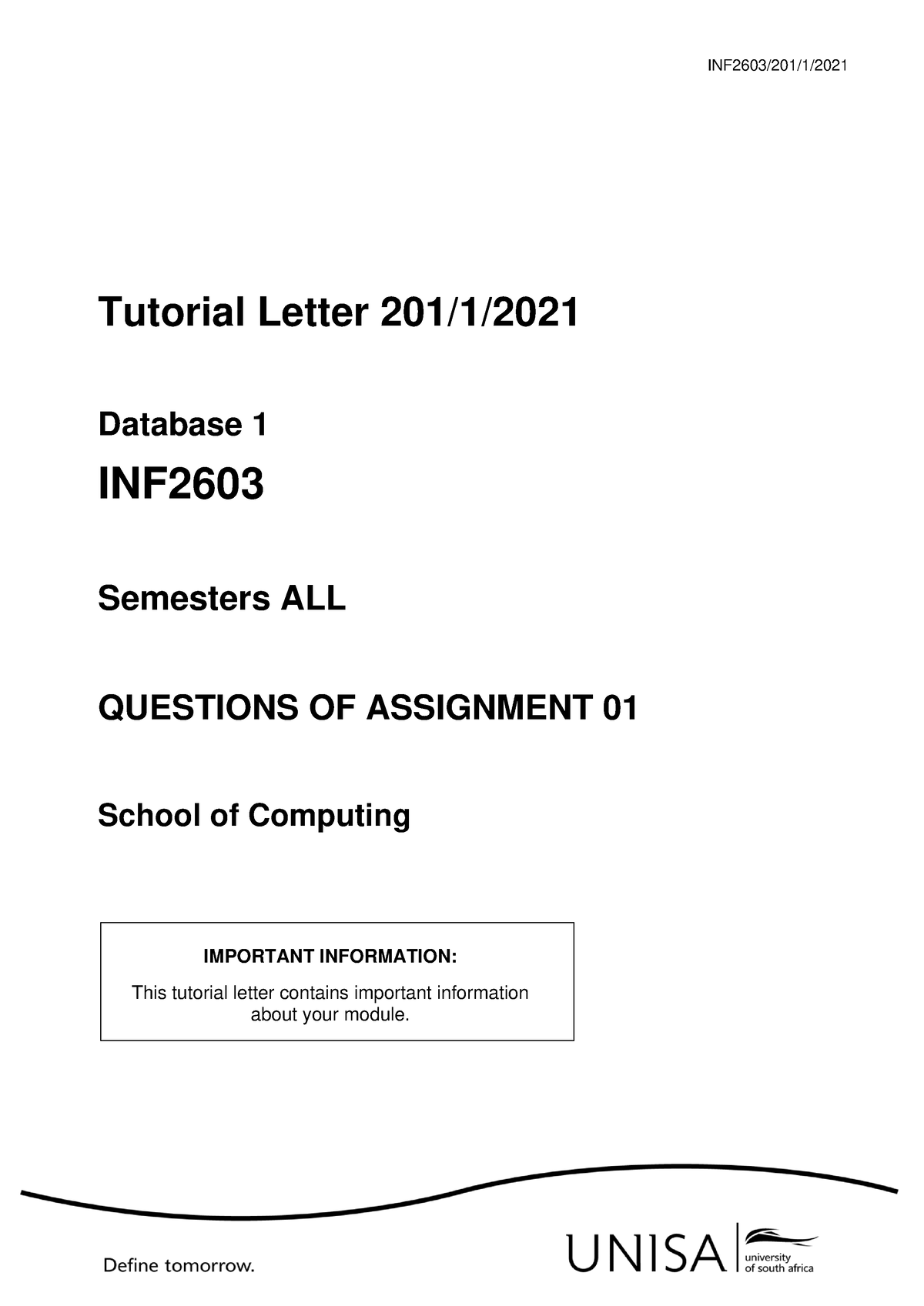 INF2603 201 2021 Assignment 1 - INF2603/201/1/ Tutorial Letter 201/1 ...