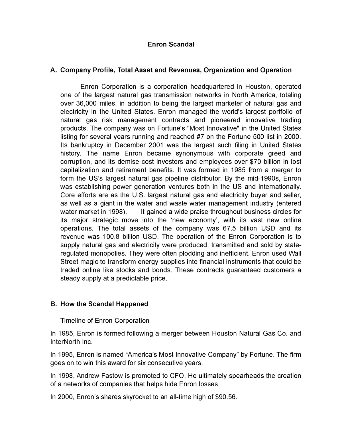 Enron Accounting Issue - Enron Scandal A. Company Profile, Total Asset ...