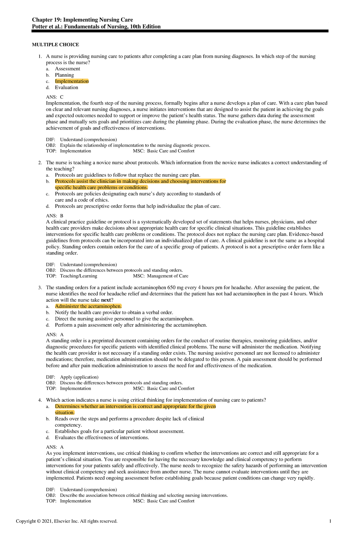 Exam View - Chapter 19 - Chapter 19: Implementing Nursing Care Potter ...