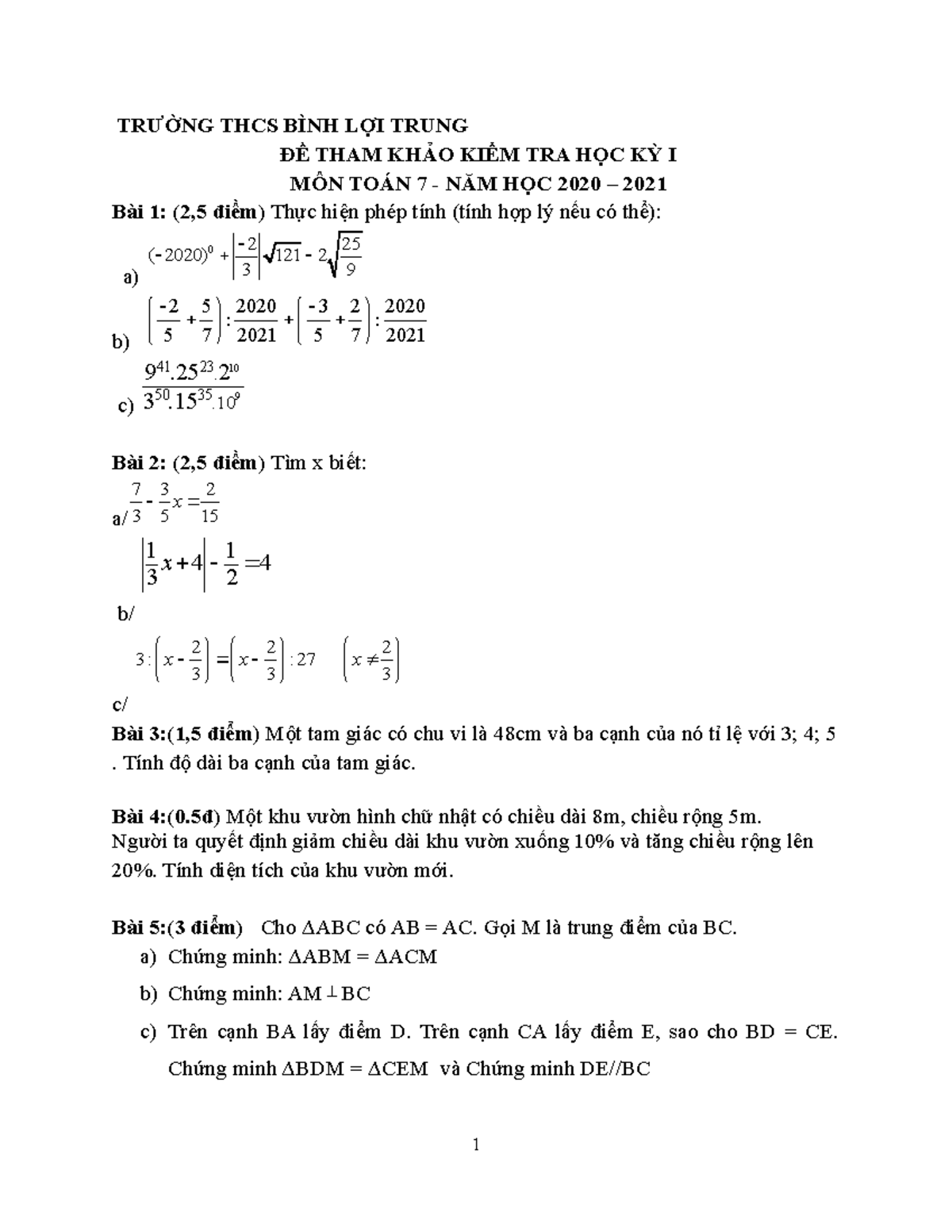 T7 20-21 - Math - TRƯỜNG THCS BÌNH LỢI TRUNG ĐỀ THAM KHẢO KIỂM TRA HỌC ...