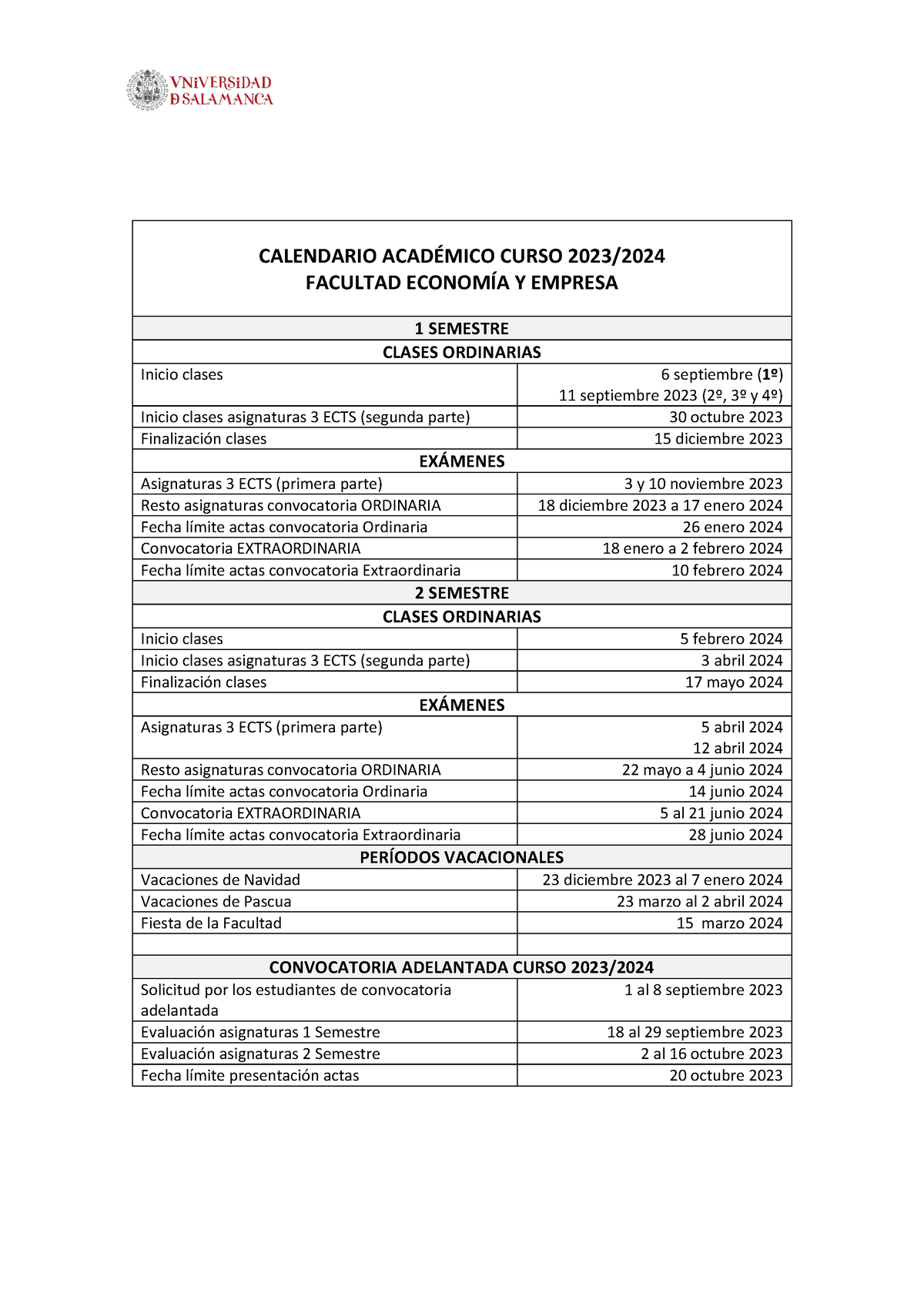 Calendario 2023 2024 FEy E Horarios USAL Studocu