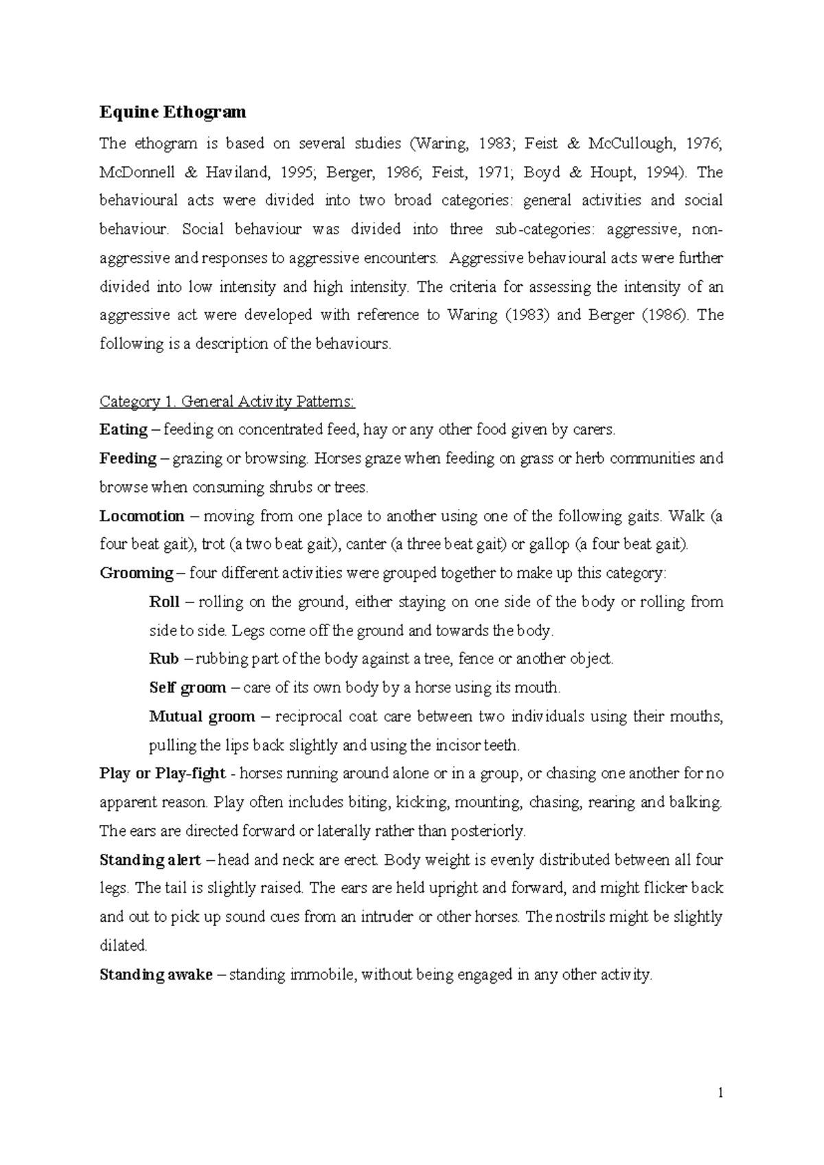 Equine Ethogram - Equine Ethogram The ethogram is based on several ...