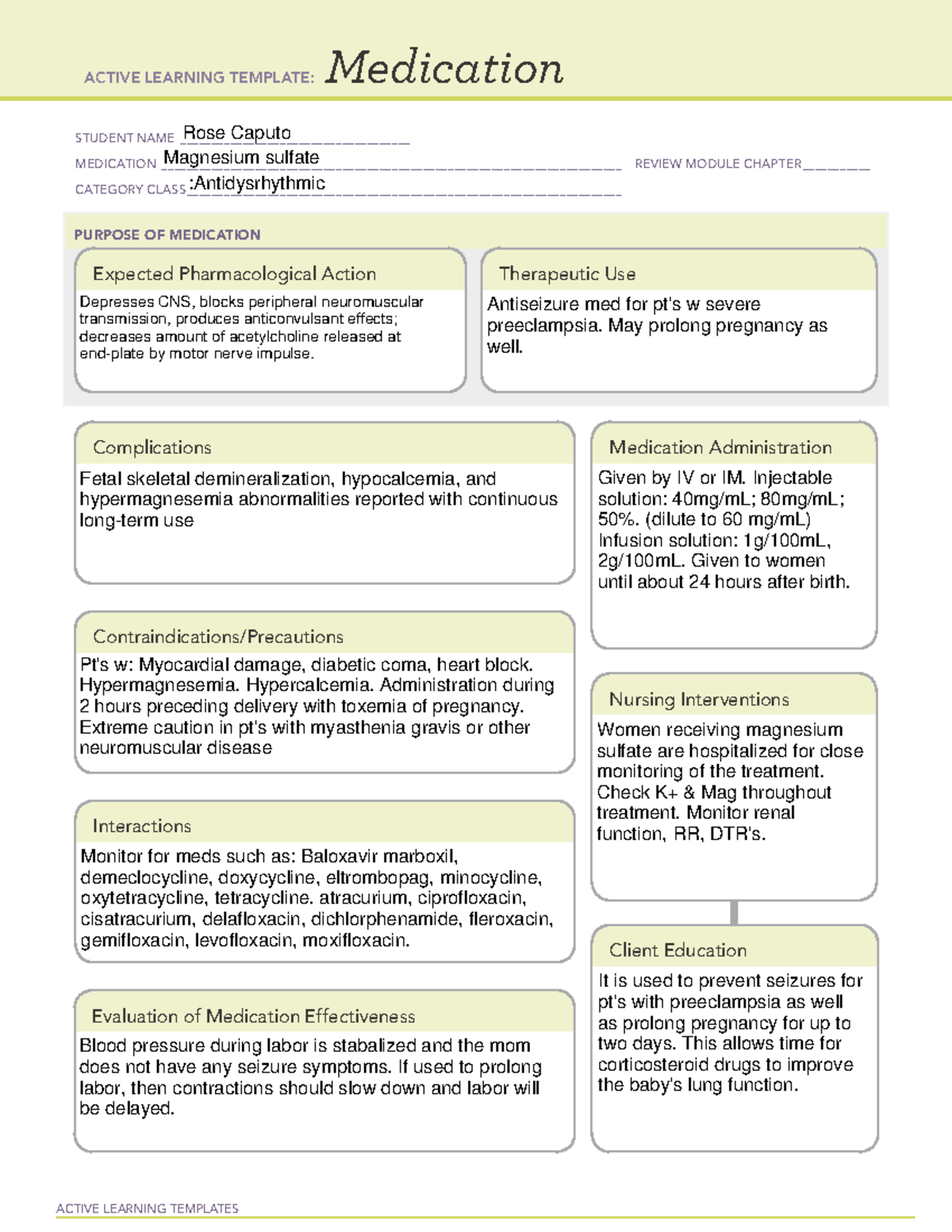 Med card 10 magnesium sulfate NURS 307 EMU Studocu