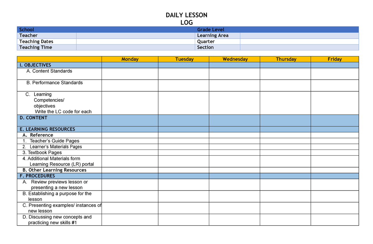 Daily Lesson LOG ( Template) - DAILY LESSON LOG School Grade Level ...